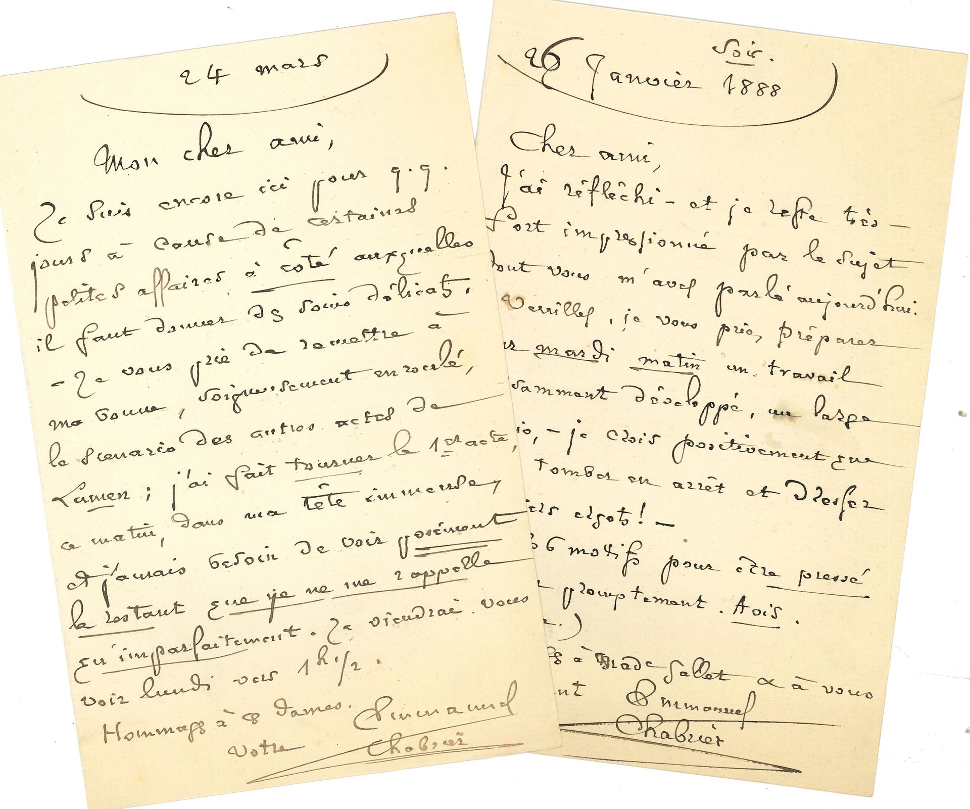 Null Emmanuel CHABRIER. 2 L.A.S., [Paris] January-March 1888, to Louis Gallet; 1&hellip;