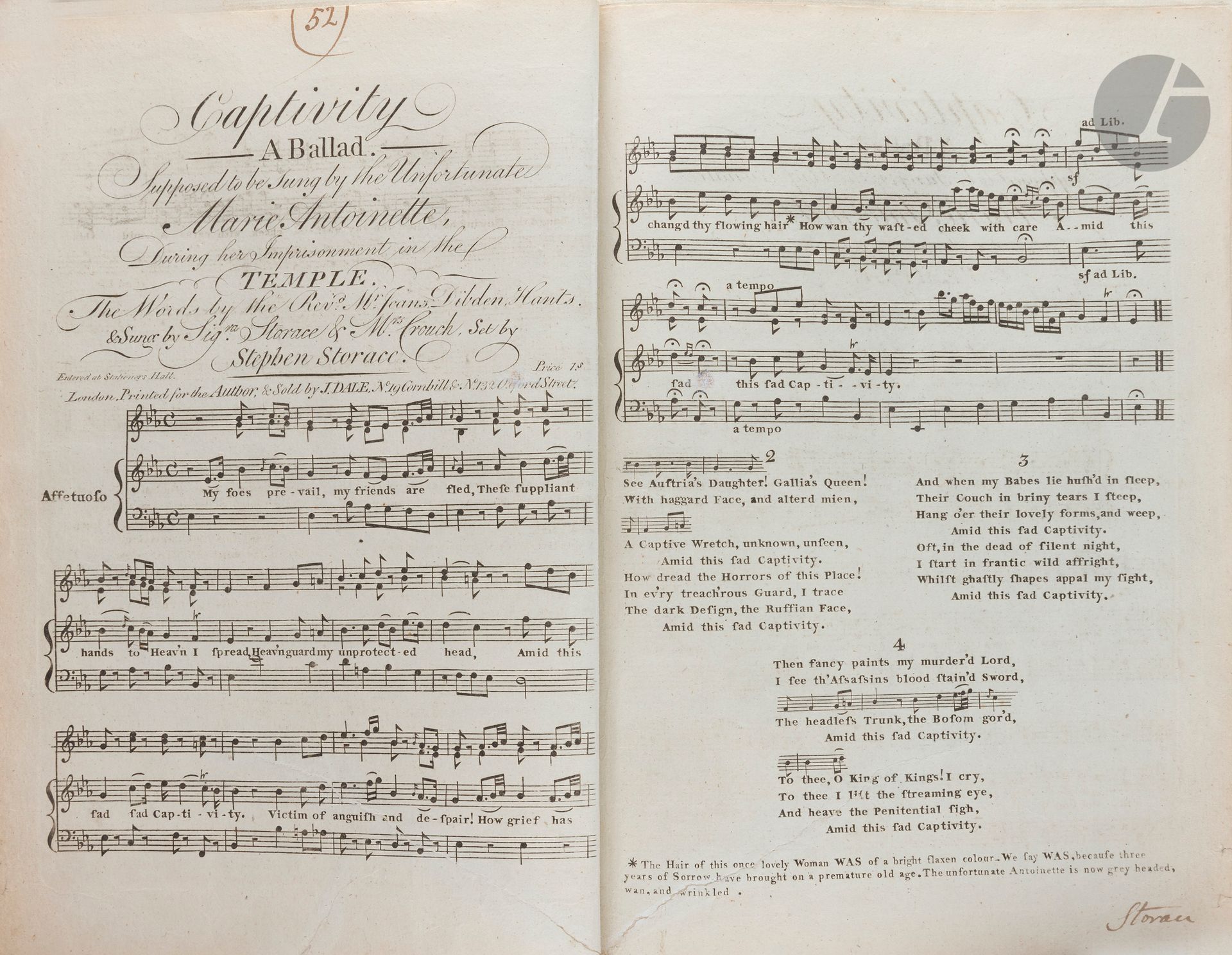 Null 斯蒂芬-斯托瑞斯（1762-1796）。刻有亲笔签名的乐谱，《俘虏》。一首民谣......（伦敦，由作者印刷，由J.Dale出售）；2页对开，在一个平&hellip;