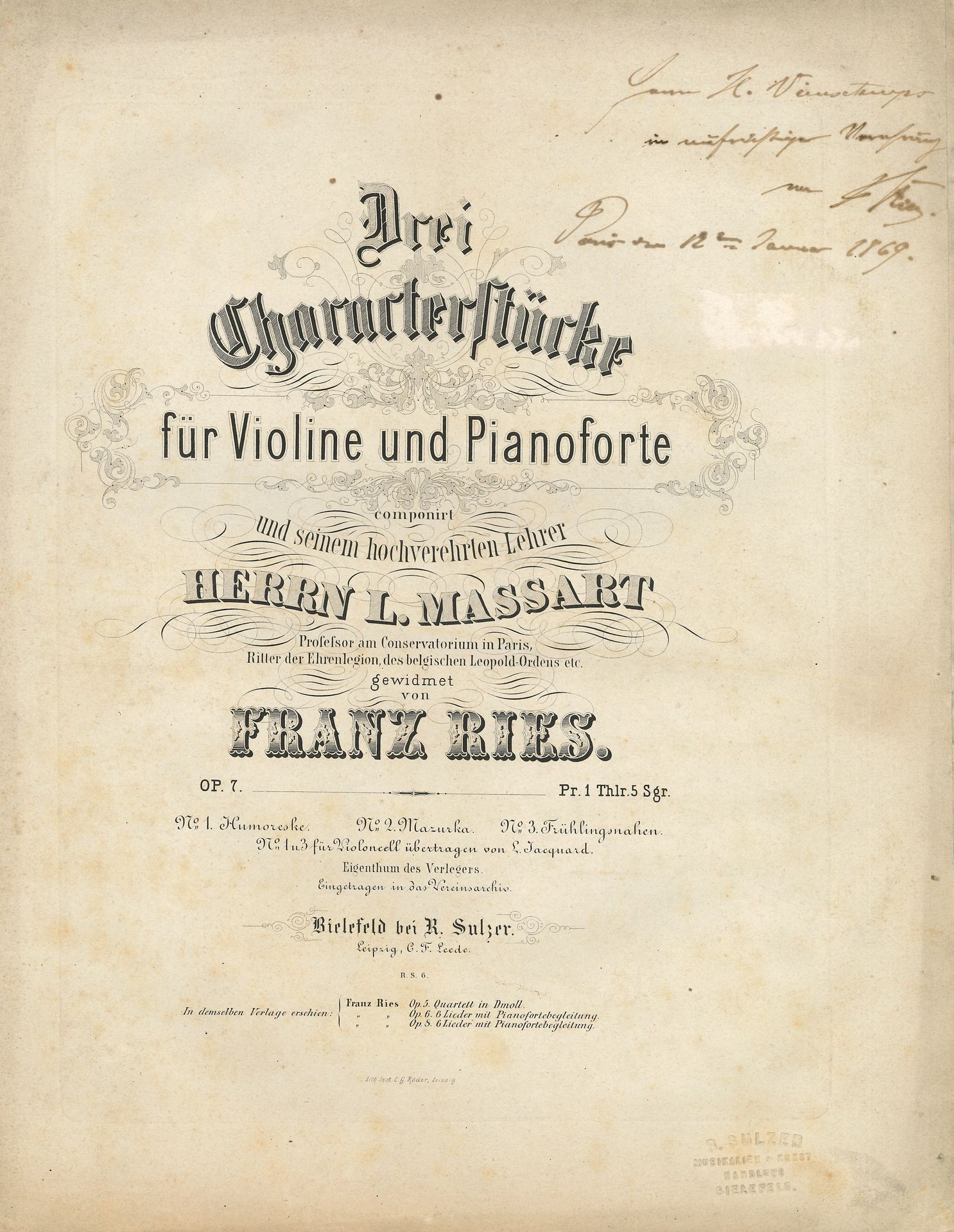 Null [Henry VIEUXTEMPS]。3个印刷的乐谱，并有签署给Vieuxtemps的亲笔献词。

 弗朗茨-里耶斯。Drei Characterst&hellip;