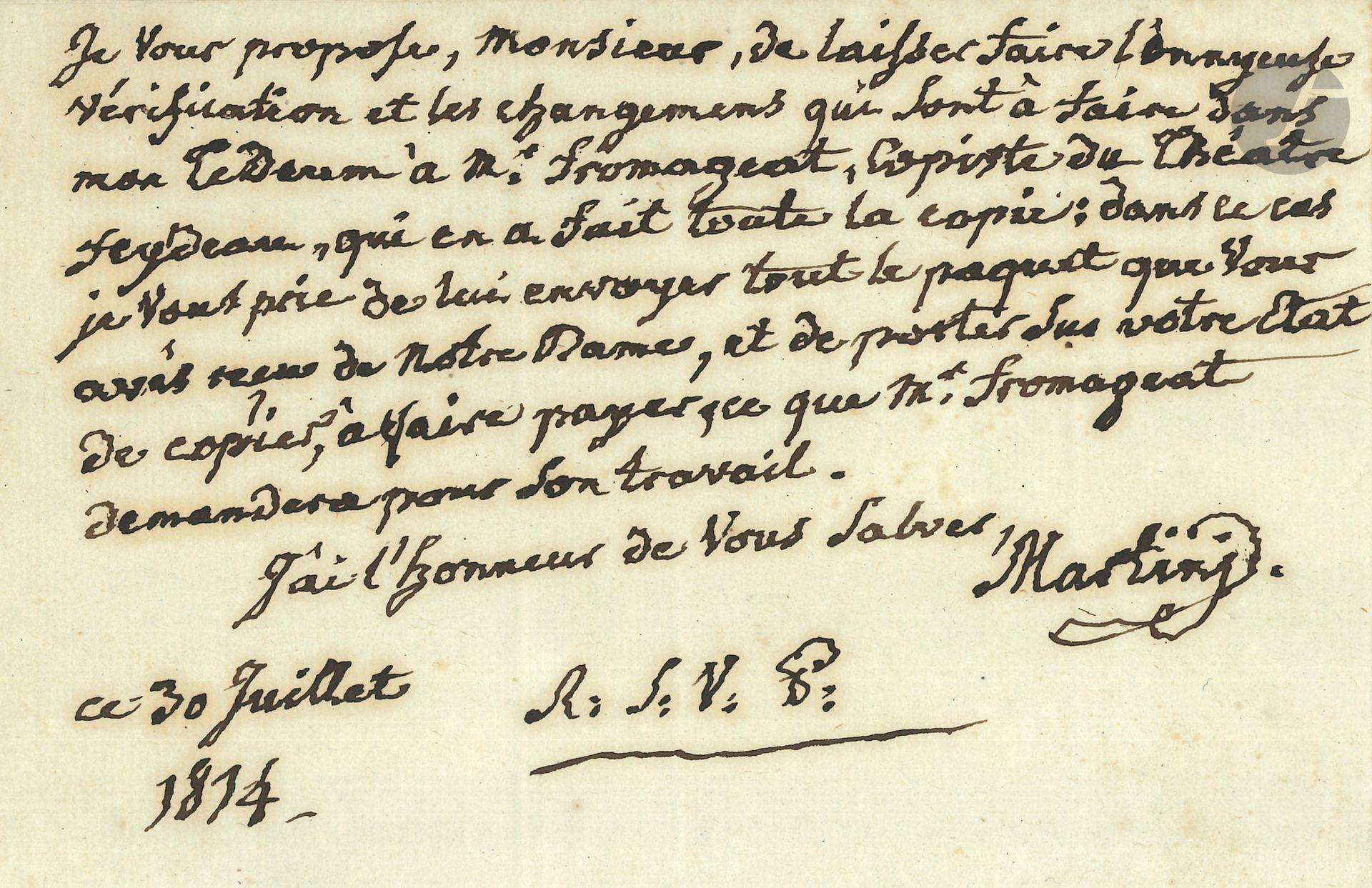 Null 让-保罗-埃吉德-马蒂尼（1741-1816）。L.A.S.，1814年7月30日，致M. Lefèvre "皇家音乐学院的抄写员"；1页8开，地址。&hellip;
