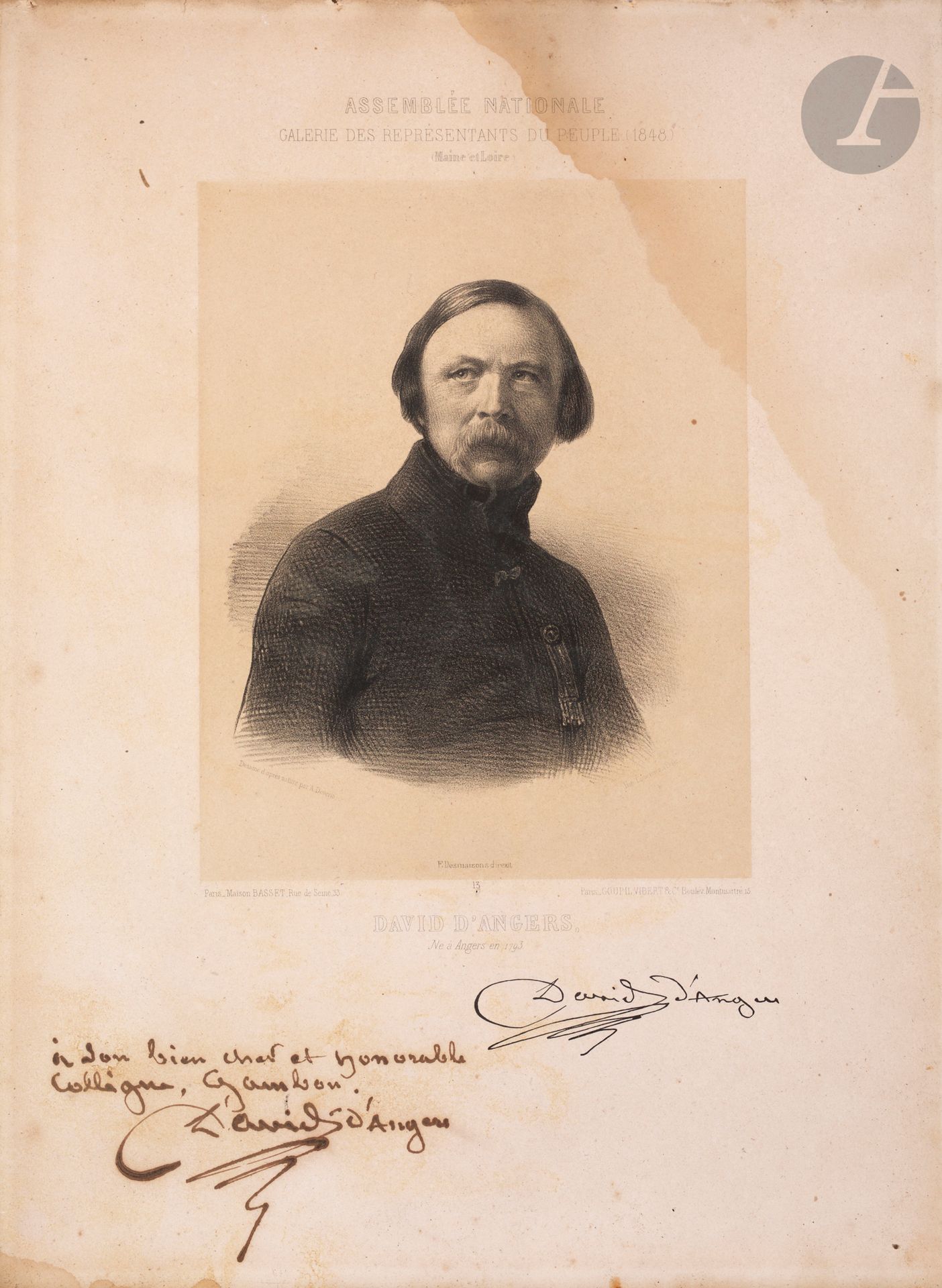 Null Pierre-Jean DAVID D’ANGERS. Portrait avec dédicace autographe signée ; à vu&hellip;