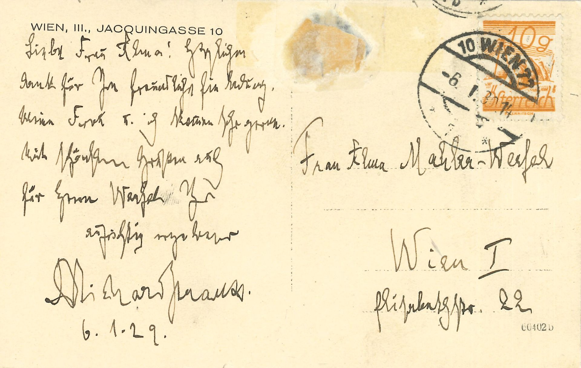 Null Richard STRAUSS. L.A.S. On postcard, Wien December 6, 1929, to Frau Alma Ma&hellip;