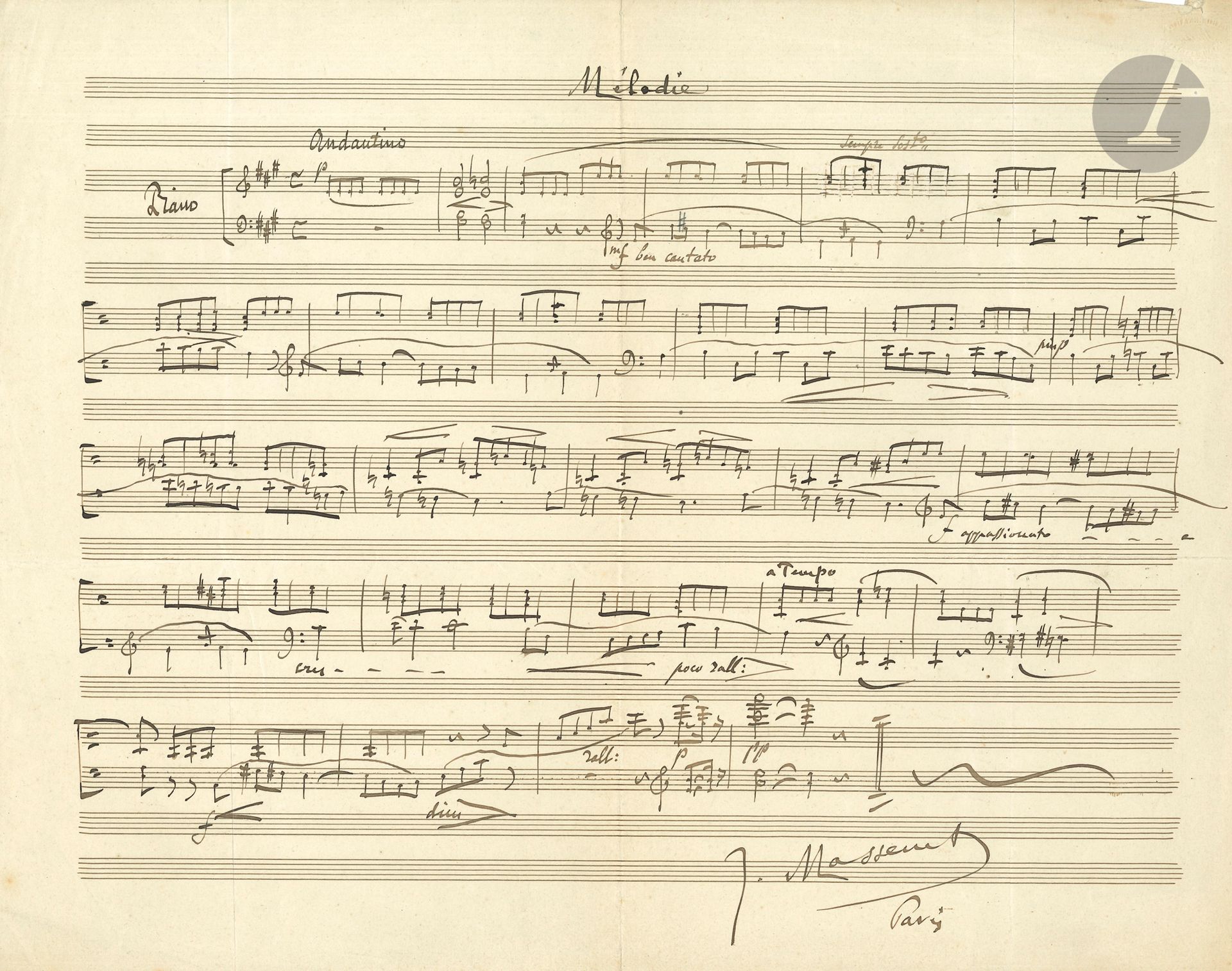 Null 朱尔斯-马塞内（1842-1912）。亲笔签名的音乐手稿，Mélodie；1页长方形的4页。

 钢琴无字旋律，长26小节，标记为安坦蒂诺，A大调，4&hellip;