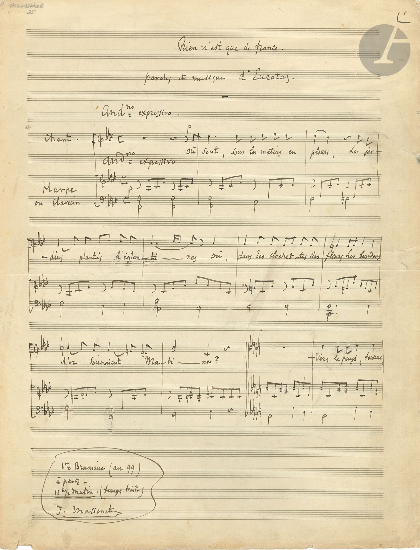 Null 朱尔斯-马塞内。签署的亲笔音乐手稿，Rien n'est que de France，[1891]；2页对开（小的边缘裂缝）。

 关于Armand &hellip;
