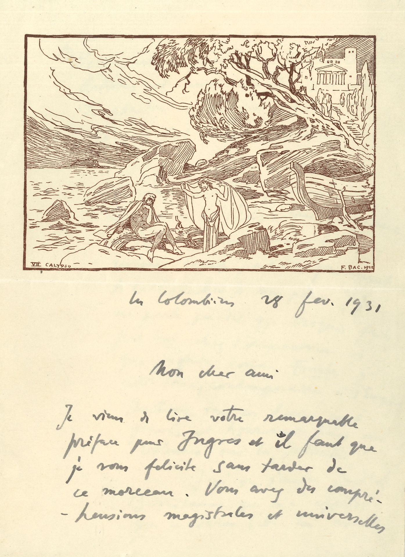 Null Ferdinand BAC (1859-1952). L.A.S., Les Colombières (Menton) 28. Februar 193&hellip;