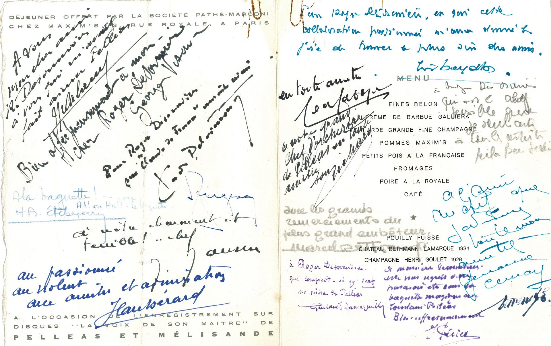 Null [Roger DÉSORMIÈRE]。1942年2月16日，由16位音乐界人士签署并奉献的菜单；4页，8开本，保罗-科林的插图。

 为《佩利亚斯和梅&hellip;
