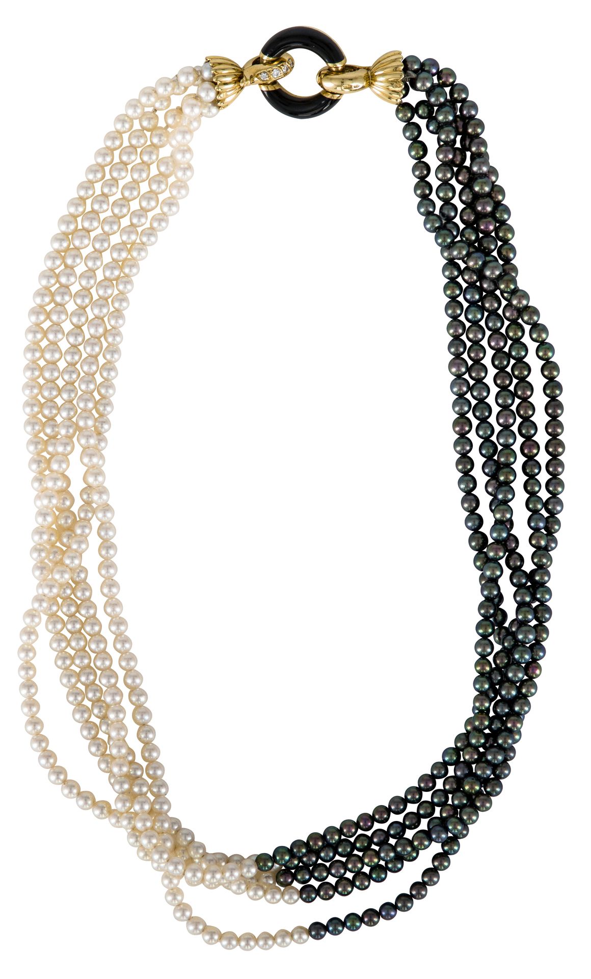 Null 5排灰色染色珍珠和白色养殖珍珠的项链，金扣饰有钻石和黑玛瑙。长度：42厘米左右。毛重：48,7 g