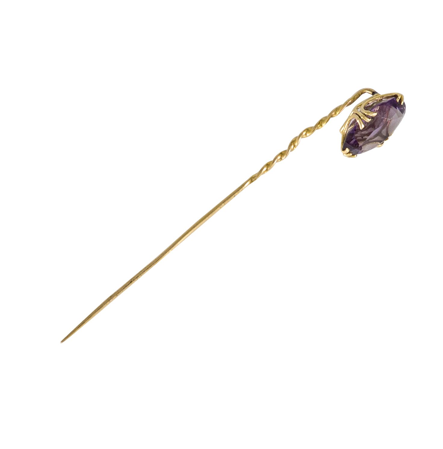 Null 18K(750)金襟针上镶有椭圆形刻面的紫水晶。高度：约1.5厘米。毛重：2克（芯片）