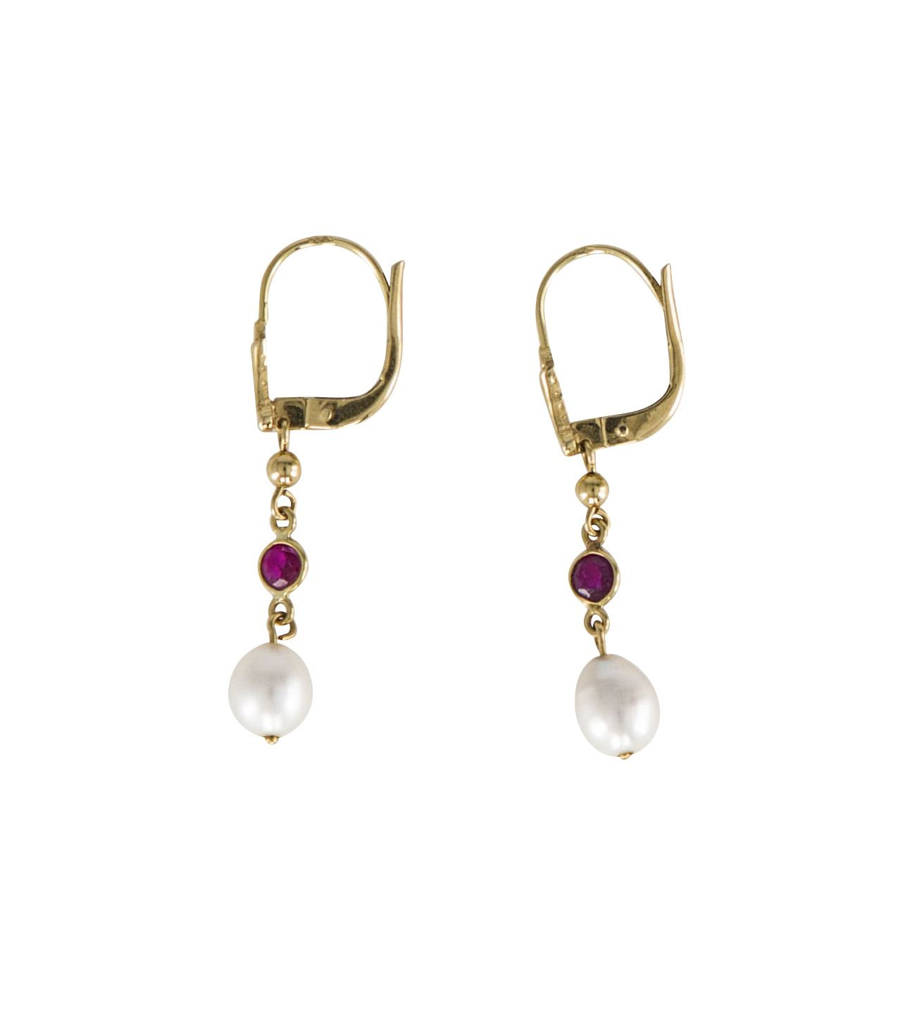 Null Un paio di orecchini in oro 18 carati (750), con una perla d'oro, un rubino&hellip;