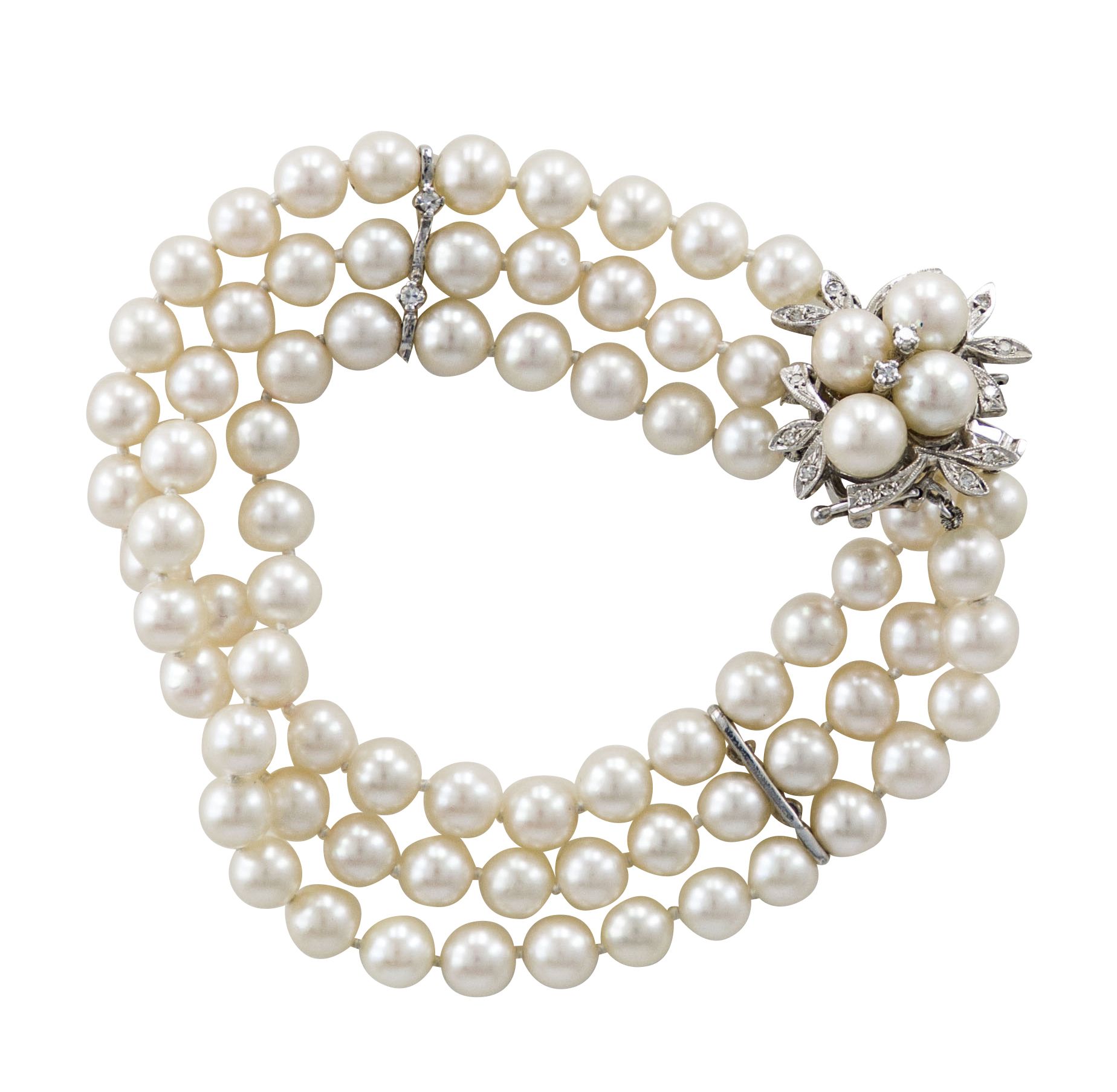Null Bracelet de 3 rangs de perles de culture, scandé de barettes en or 9K (375)&hellip;