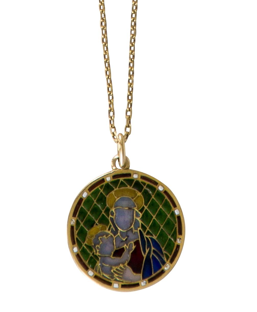 Null Médaille en or 18K (750) à décor émaillé représentant une vierge à l'enfant&hellip;