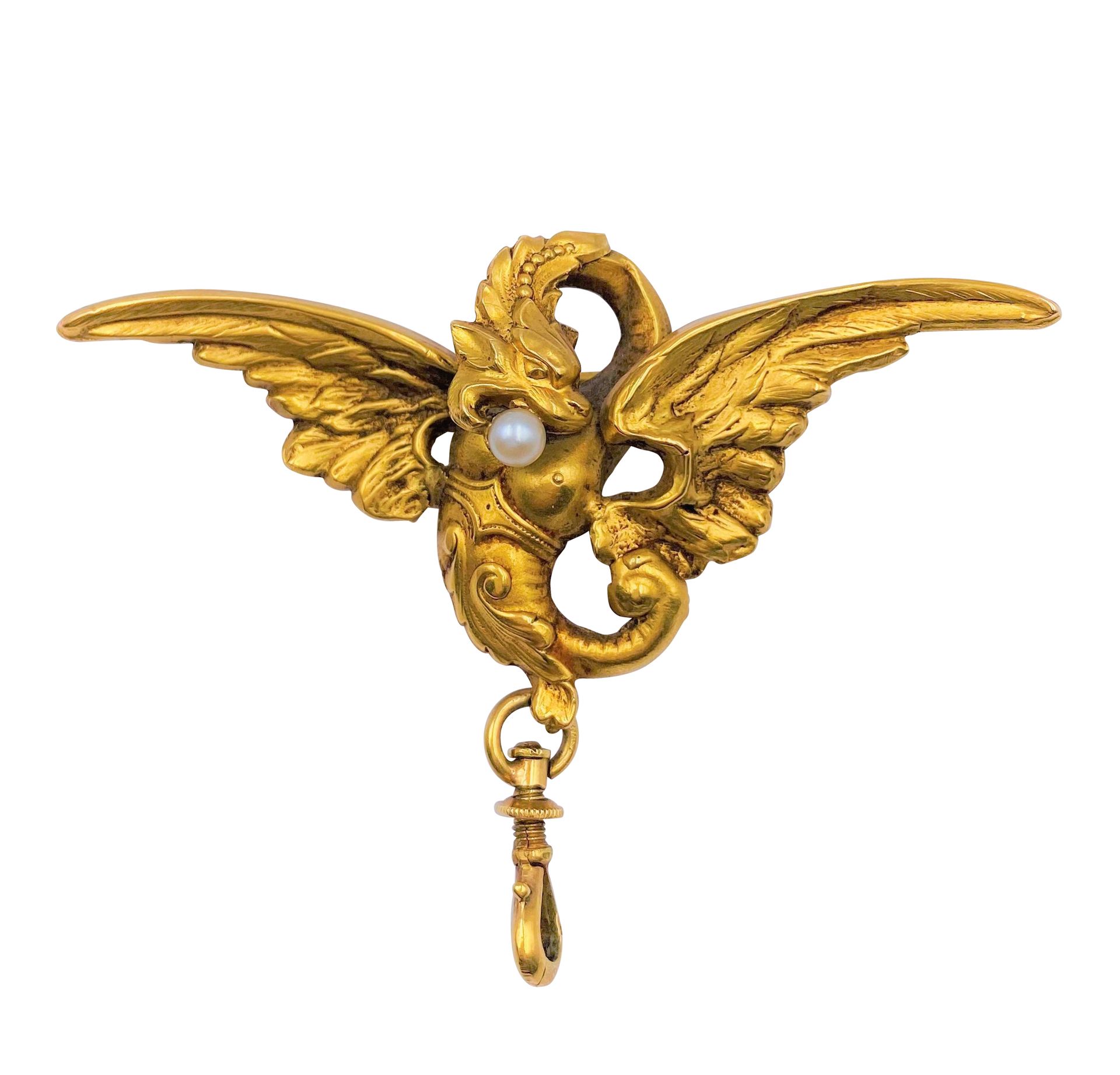 Null 18K (750) gold chatelet brooch carved with a chimera holding a cultured pea&hellip;