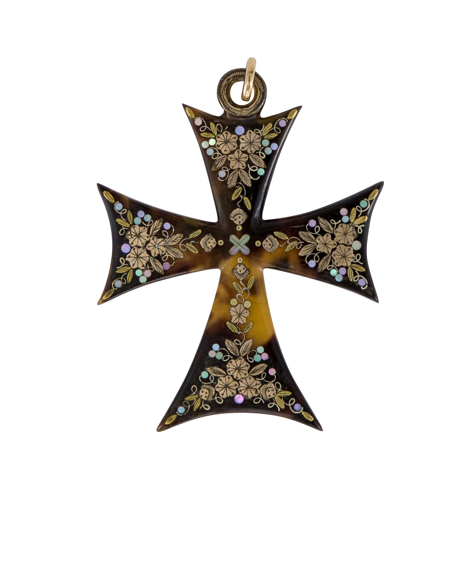 Null 贝壳十字架吊坠，上面有金色的花纹图案和小的珍珠母碎片。19世纪的作品。高度：约6厘米（缺）。