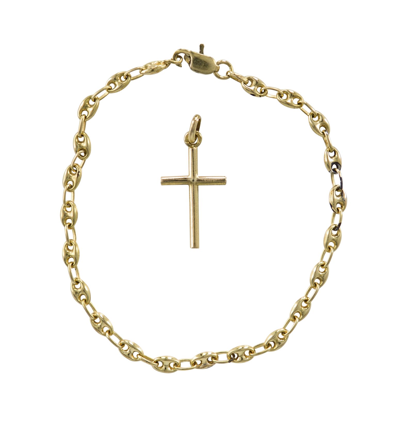 Null 2件18K(750)金首饰，包括手镯、咖啡豆链接和十字架。长度：19厘米左右。重量 : 5,6 g (火损)