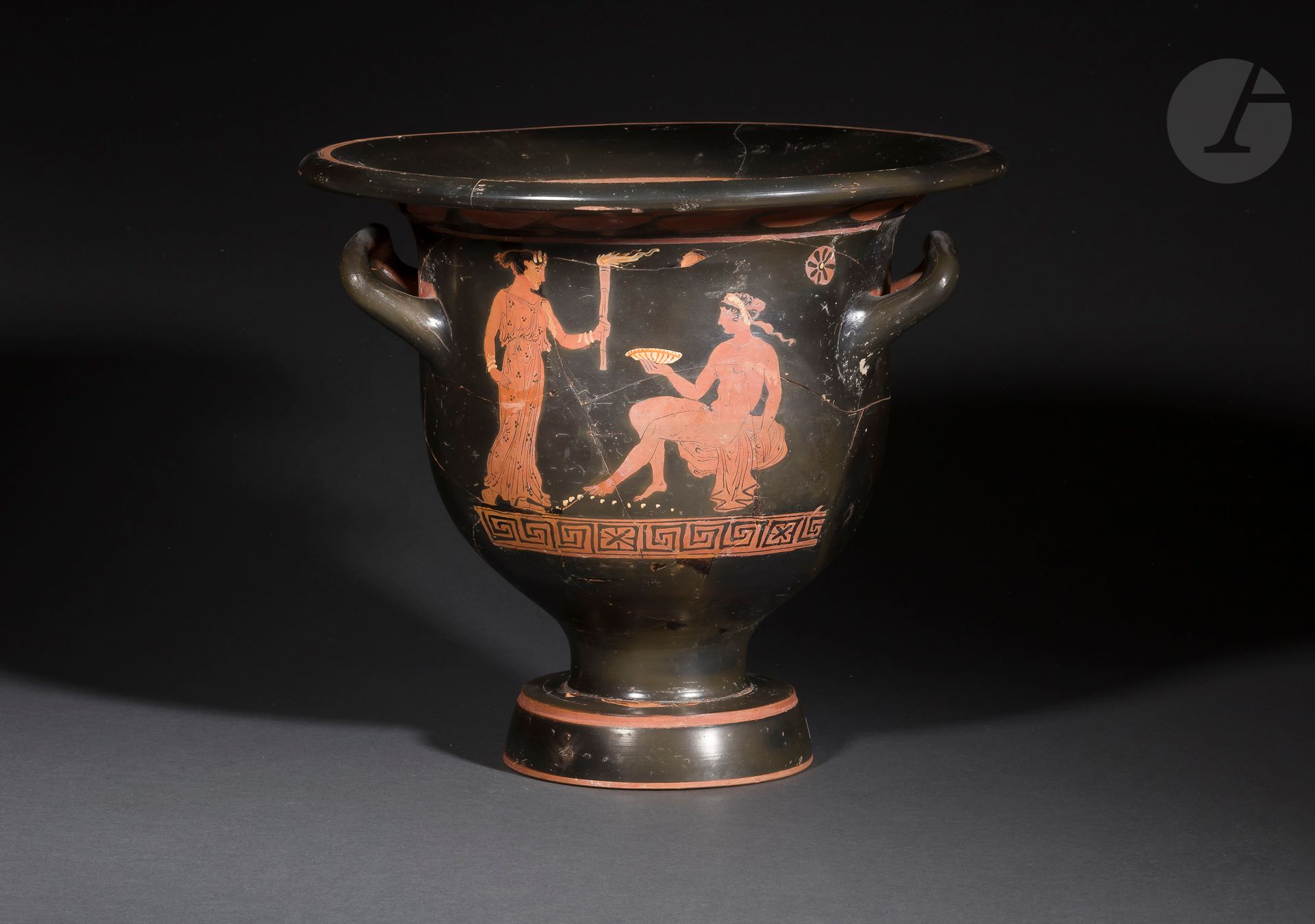 Null Bell-shaped krater 
Decorated on the A side with a maenad dressed in a drap&hellip;
