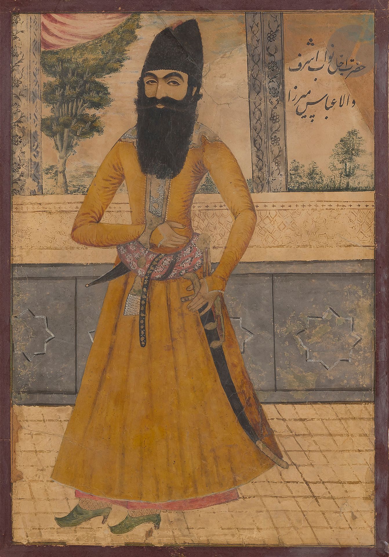 Null 阿巴斯-米尔扎的肖像，伊朗qâjâr，19世纪末-20世纪初
纸上水粉和黄金在波斯手稿对开页的背面，分为四列，用黑色墨水在nasta'liq中刻了一个&hellip;