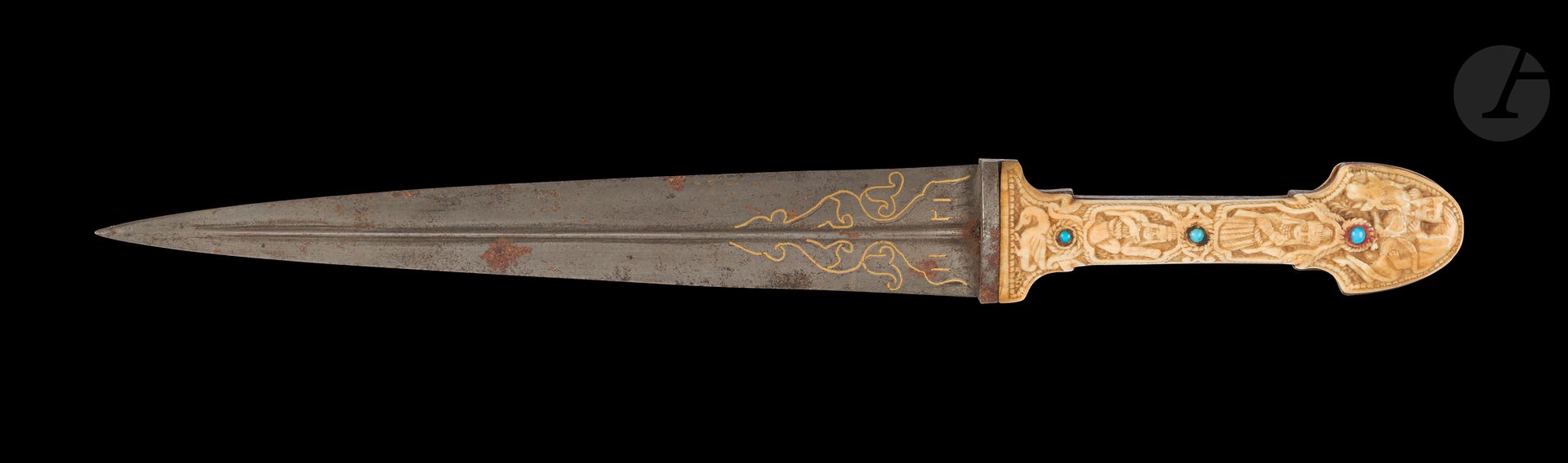 Null Kijal匕首，伊朗卡扎尔，19世纪
钢质直刀，中间有双刃，刀跟处嵌有金质镶边，刻有日期1121 H / 1709。戴着宪兵帽的手柄上装饰着海象牙板，&hellip;