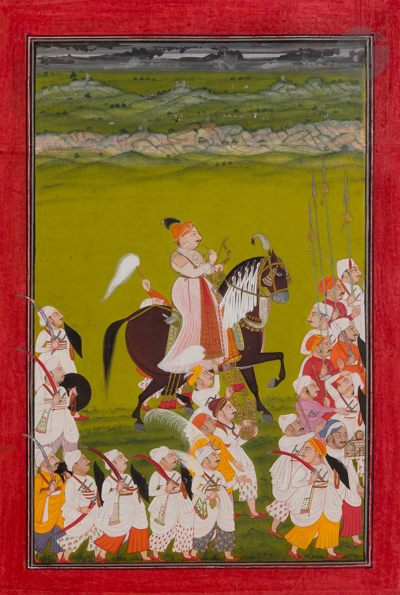 Null 游行中的拉贾，北印度，拉贾斯坦邦，梅瓦尔，约1765年
纸上颜料和黄金描绘了一个骑在马背上的拉贾从他的坐骑顶部抽出胡卡，握着缰绳的手拿着弓。在他周围，&hellip;