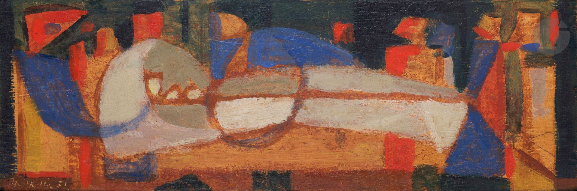 Null Jean BERTHOLLE (1909-1996
)作品，1951年油画
。
左下方有签名和日期
11 x 34 cm