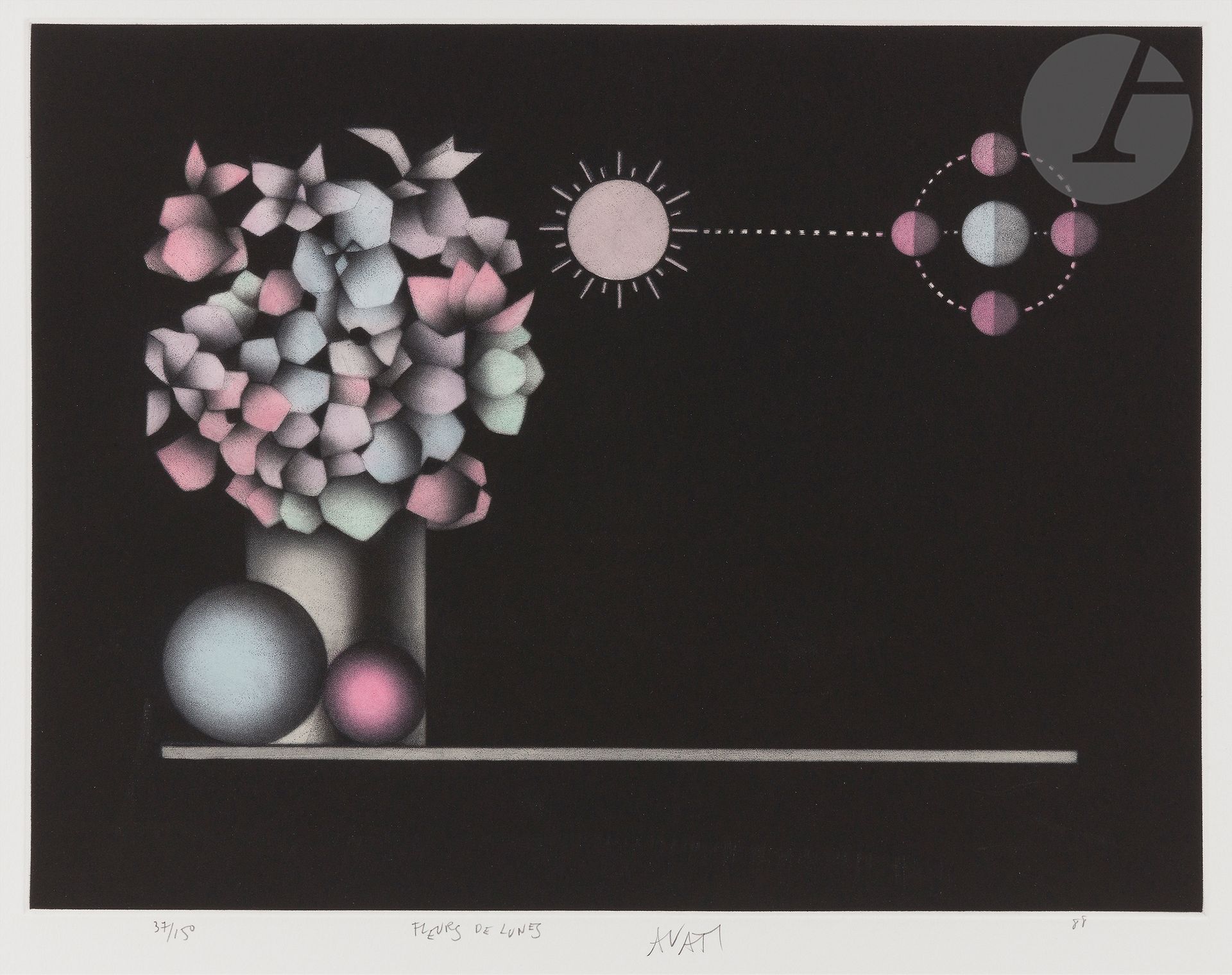 Null 马里奥-阿瓦蒂(1921-2009)

月亮之花。1988年。黑马尼埃。这张纸：525 x 455毫米。以彩色印刷。白色牛皮纸上的完美样张，有编号、标&hellip;