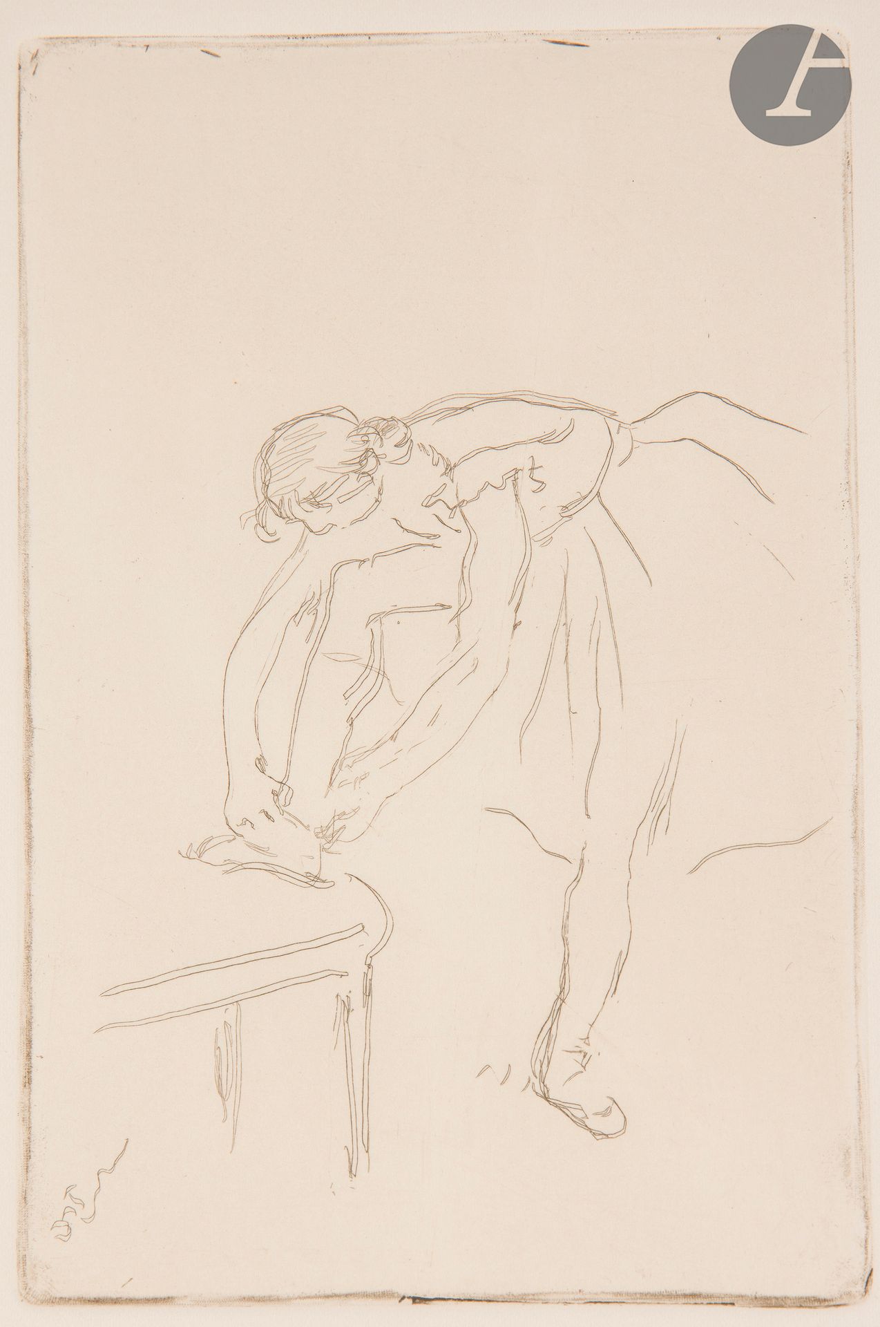Null 埃德加-德加 (1834-1917)

舞蹈家穿上拖鞋。大约1888年。蚀刻版画。115 x 177毫米。德尔蒂尔36岁；里德-沙皮罗55岁。象牙色牛&hellip;