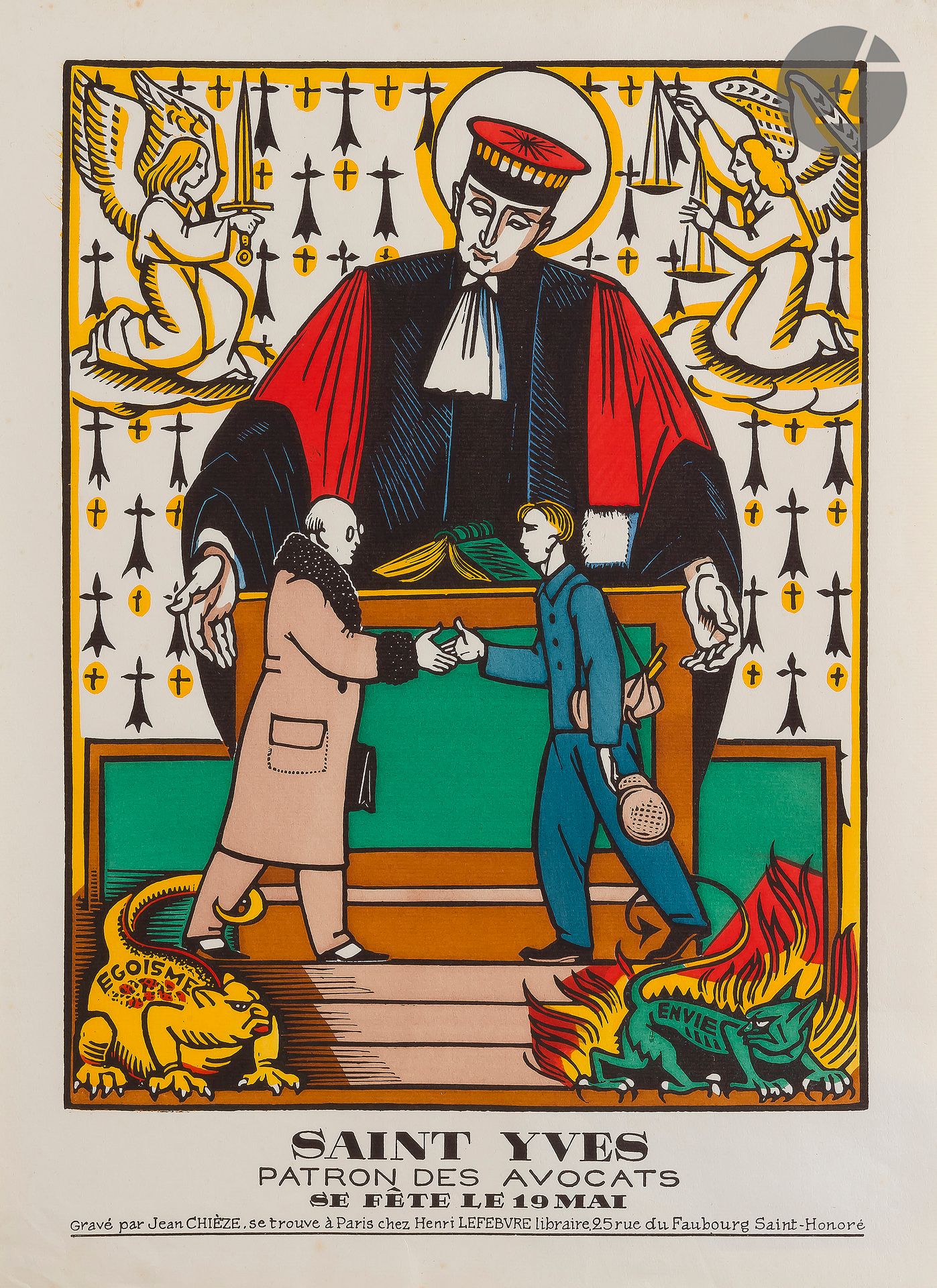 Null 让-基耶兹 (1898-1975)

圣伊夫，律师的守护神。大约在1950年。雕刻的木材。纸张：308 x 398毫米。以彩色印刷。在薄白纸上的完美证&hellip;