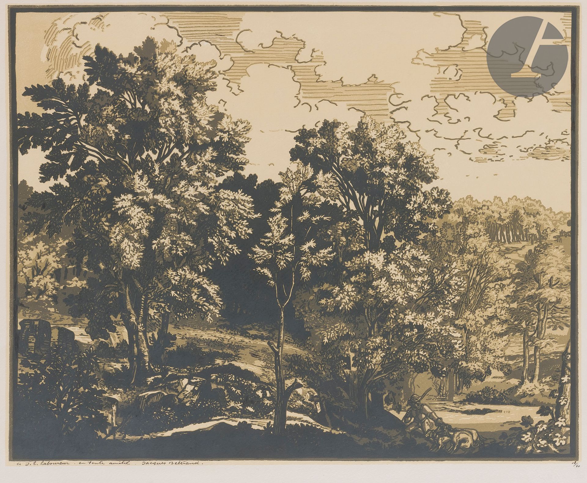 Null 雅克-贝尔特朗 (1874-1977)

狩猎现场。约1930年。木刻，410 x 340 mm。以彩色印刷。白色牛皮纸上的非常漂亮的样张，献给 "J&hellip;