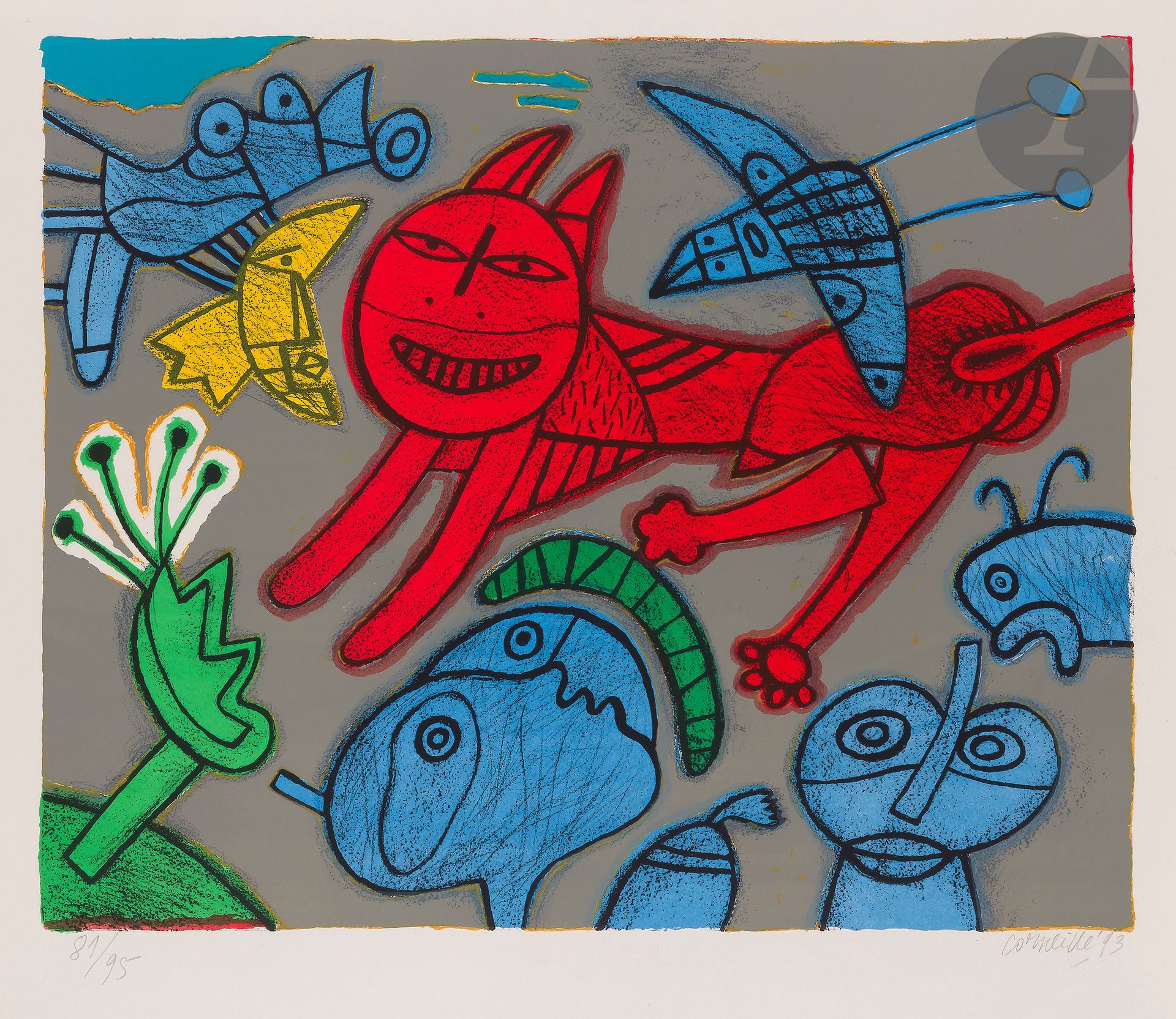 Null 科尔内耶（Guillaume van Beverloo，人称）（1922-2010）。

红猫和蓝鸟，1993年。石版画。这张纸：710 x 610毫&hellip;