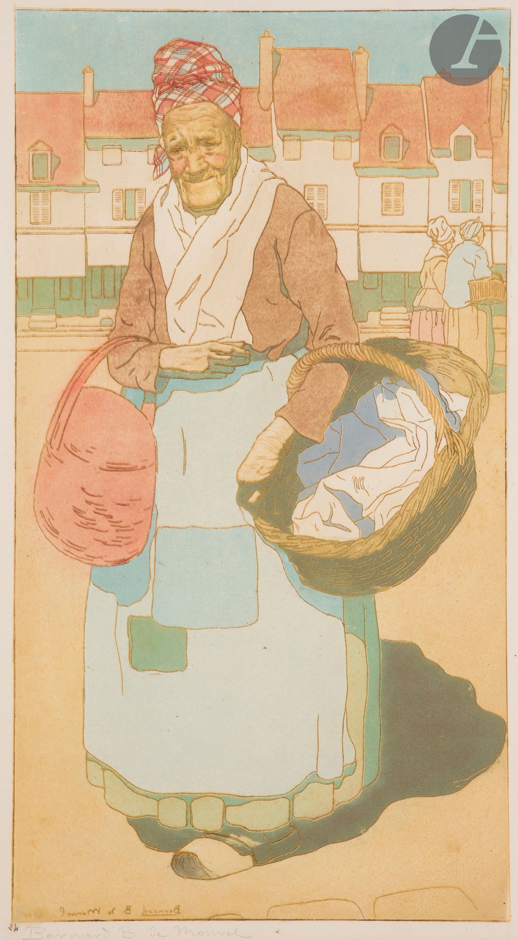 Null 伯纳德-布泰-德-蒙维尔(1881-1949)

拿着篮子的老妇人。1900.蚀刻和水印。258 x 465毫米。以彩色印刷。牛皮纸上非常漂亮的样张，&hellip;