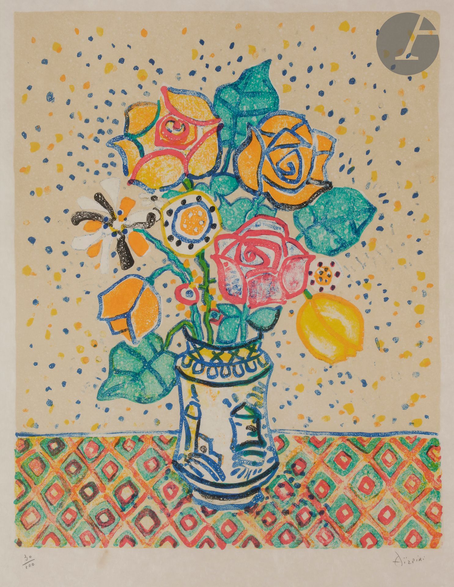 Null 保罗-艾兹皮里(1919-2016)

花束。大约在1980年。石版画。视线：550 x 750毫米。以彩色印刷。在japon nacré上有很好的证&hellip;