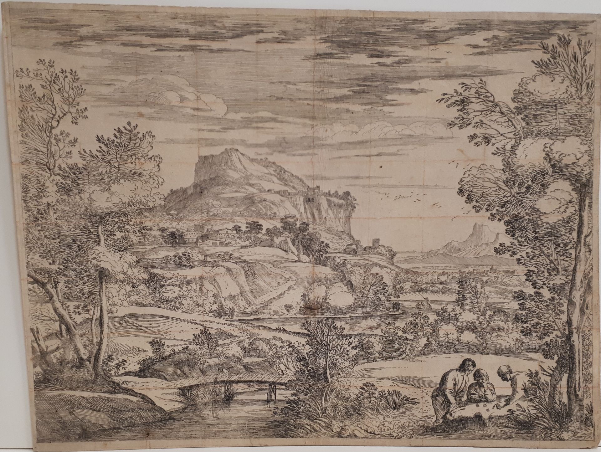 Null 乔瓦尼-弗朗西斯科-格里马尔迪(1606-1680)

站在两个人旁边的男人；两艘船；坐在路边的女人；坐在树桩旁边的男人；三个人在玩骰子。蚀刻。各种格&hellip;