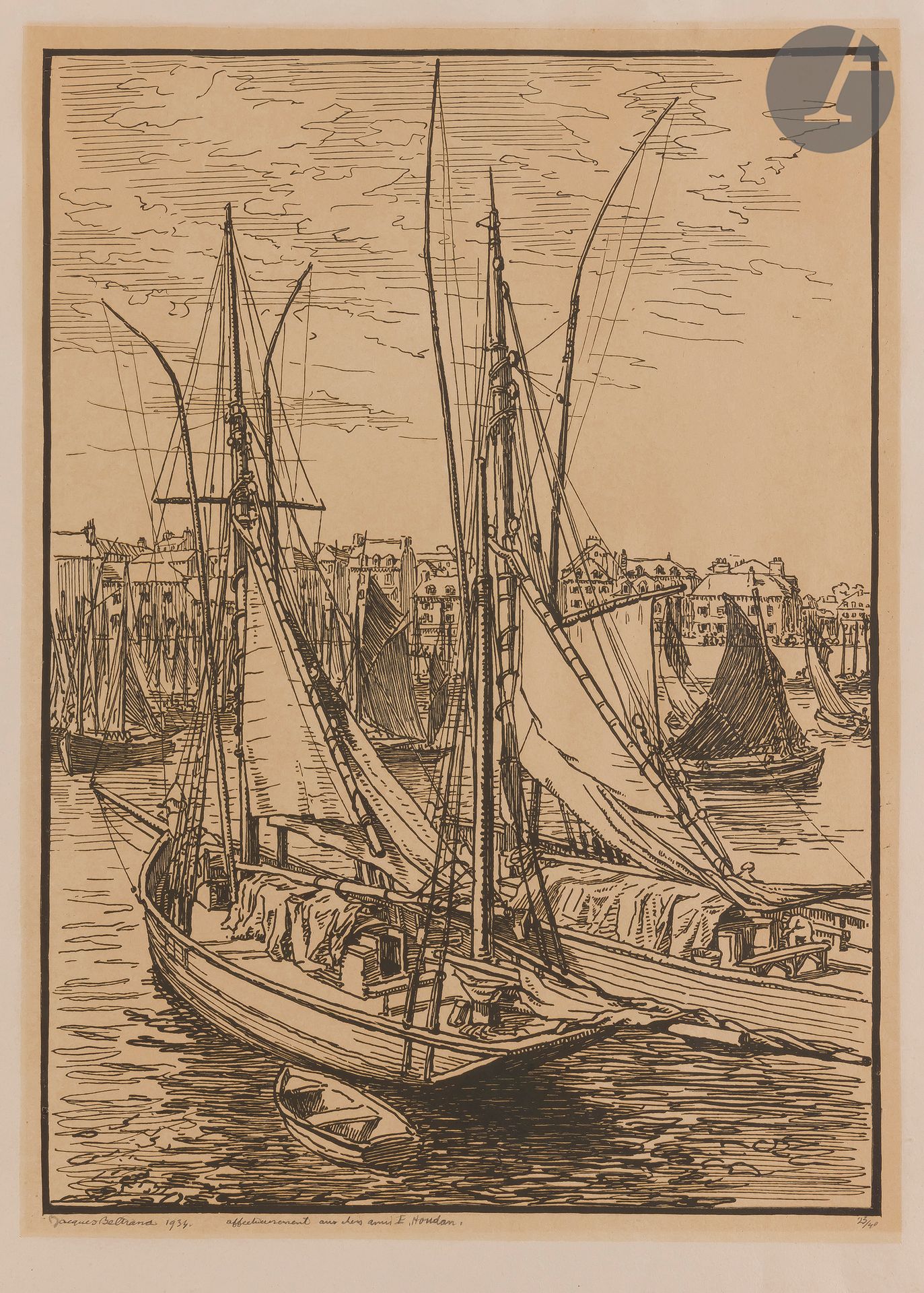 Null 雅克-贝尔特朗 (1874-1977)

帆船在港口。1934.雕刻的木材。305 x 418 毫米。以彩色印刷。非常漂亮的象牙色牛皮纸样书，签名和日&hellip;