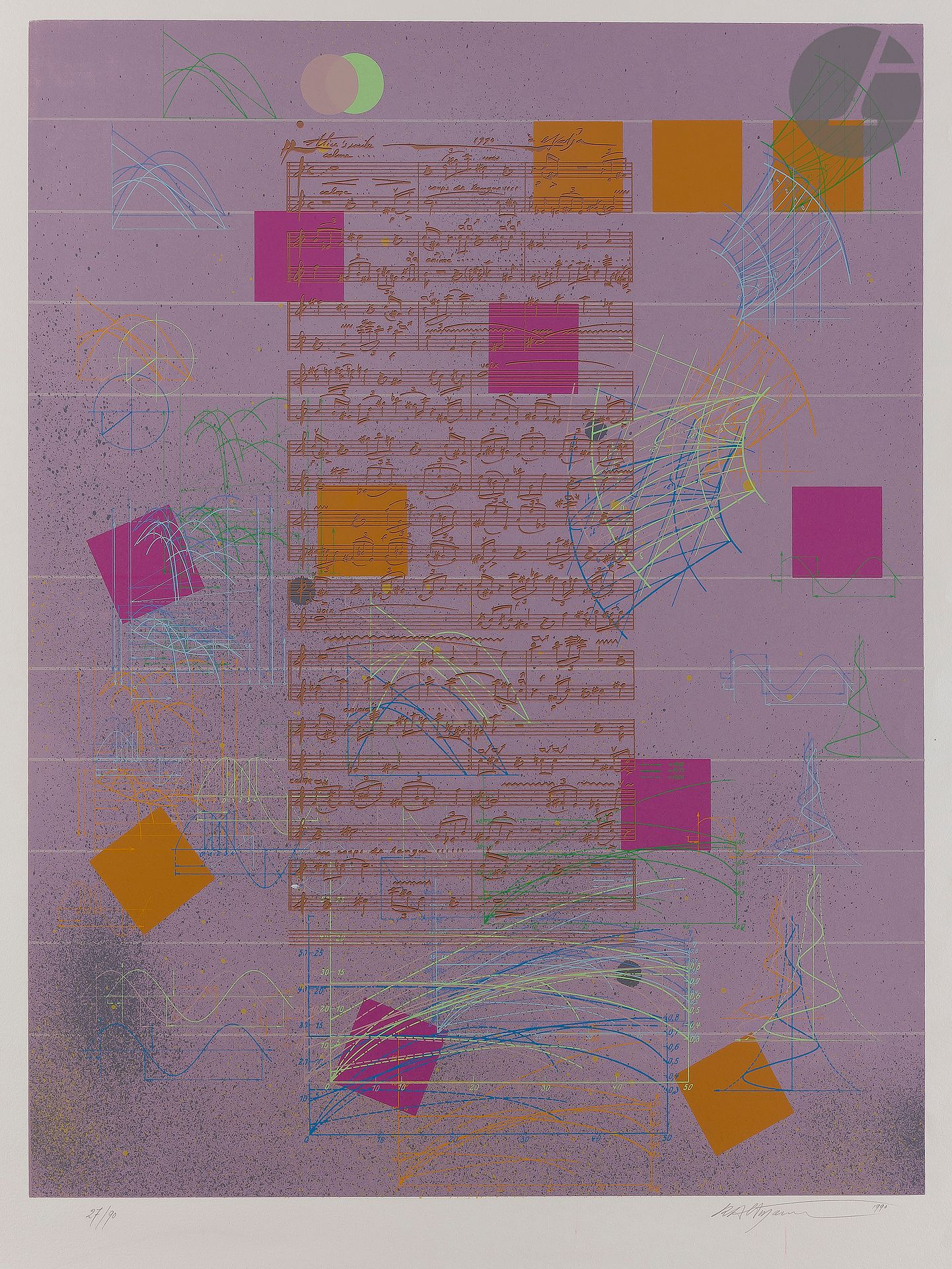 Null 罗伯托-阿尔特曼（古巴人，生于1942年）。

带乐谱的作曲。1990.彩色丝印。488 x 630毫米。坚固的白色牛皮纸上的漂亮样张，有编号、签名和&hellip;