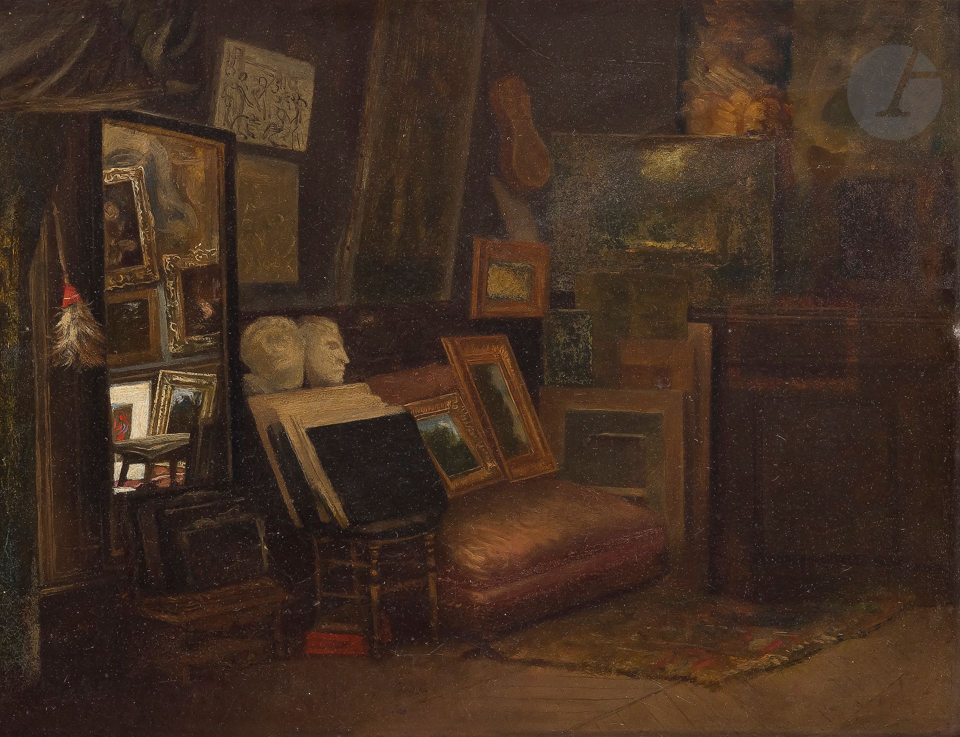 Null 莱昂-里歇(Léon RICHET) (1847-1907)
画家的工作室
纸板上的油彩。
左下方有签名。
30 x 38 cm