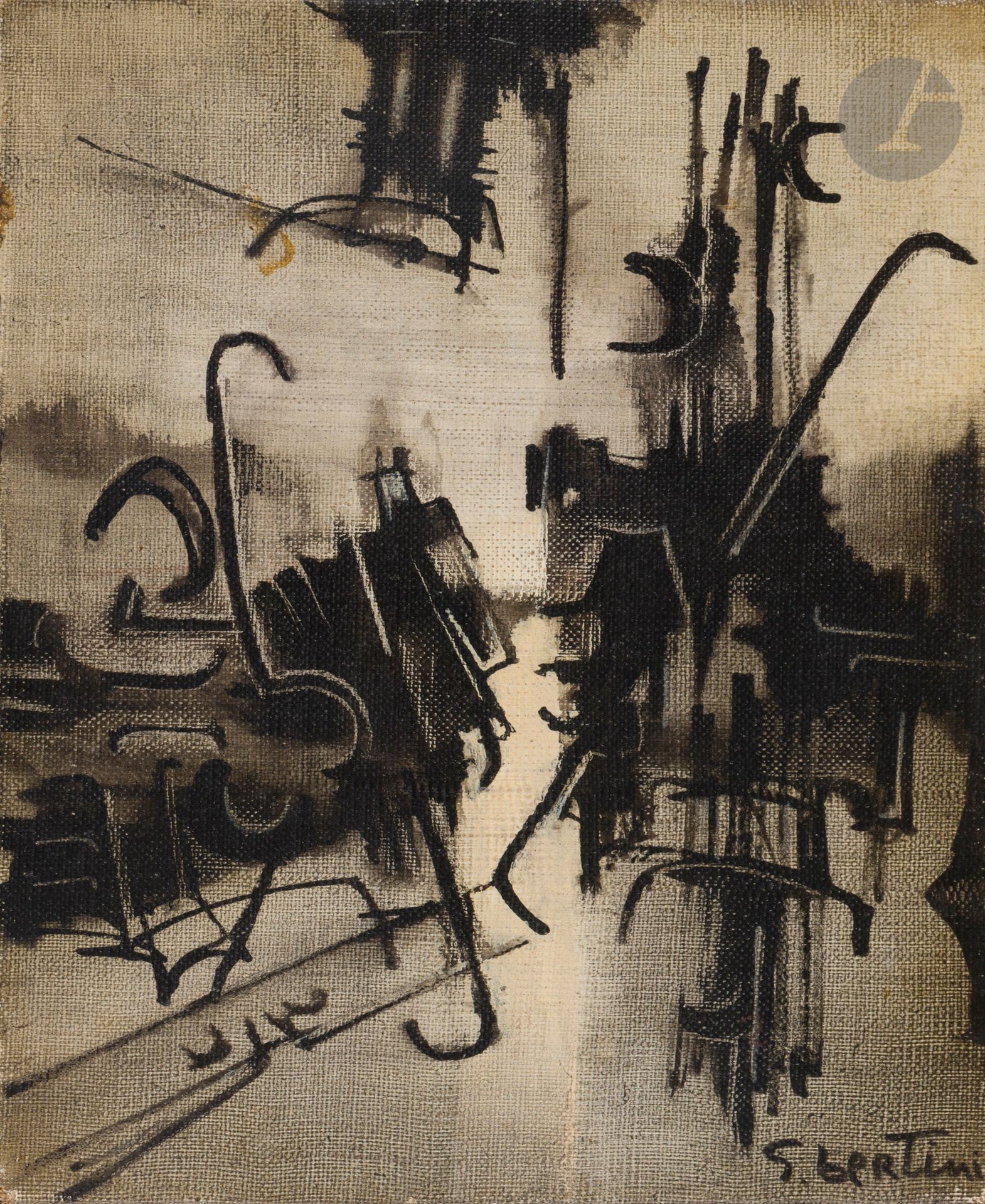 Null 吉安尼-贝尔蒂尼 [意大利] (1922-2010)
Chronos的魅力，约1960年
布面油画。
右下方有签名。
背面有签名和标题。
22 x 1&hellip;
