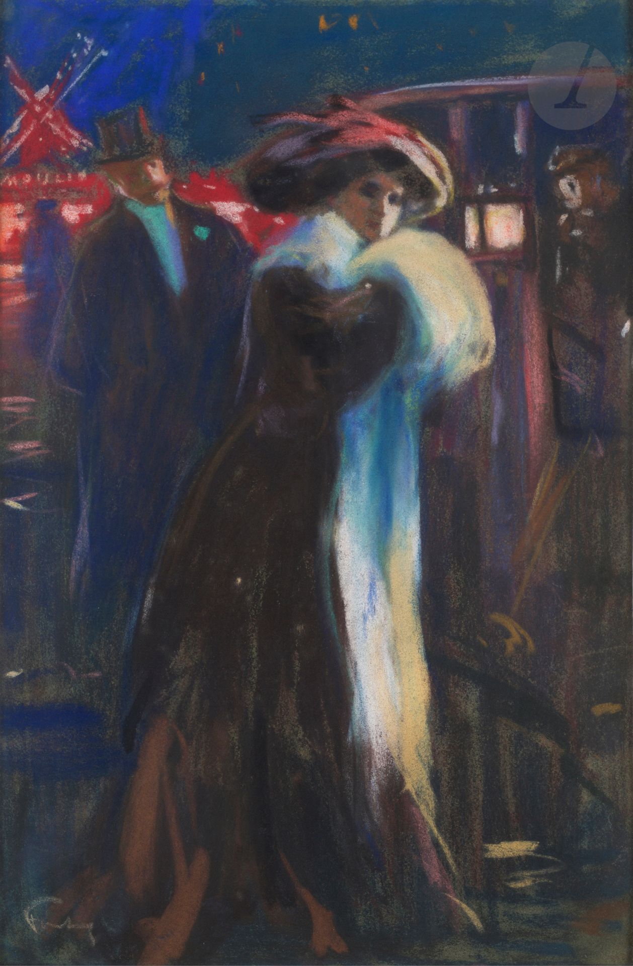Null Louis FORTUNEY (1875-1951)
在红磨坊前的优雅夫妇
粉彩画。
左下方有签名。
48,5 x 31 cm