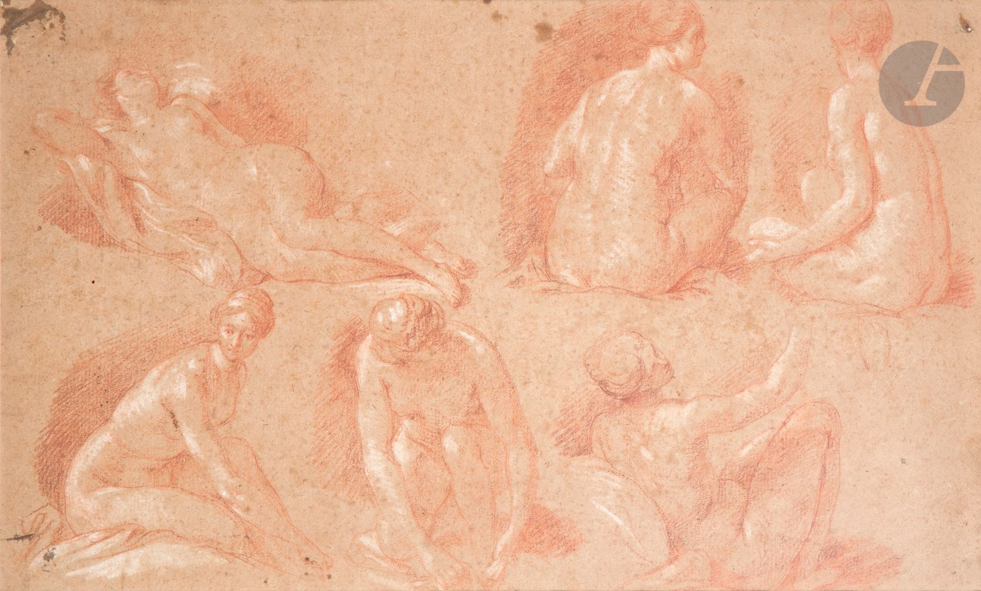 Null 归功于约瑟夫-弗朗索瓦-帕罗塞尔（Avignon 1704 - Paris 1781）。
六个裸体女人的形象
色调和白色粉笔的亮点。
(污点)。
25&hellip;