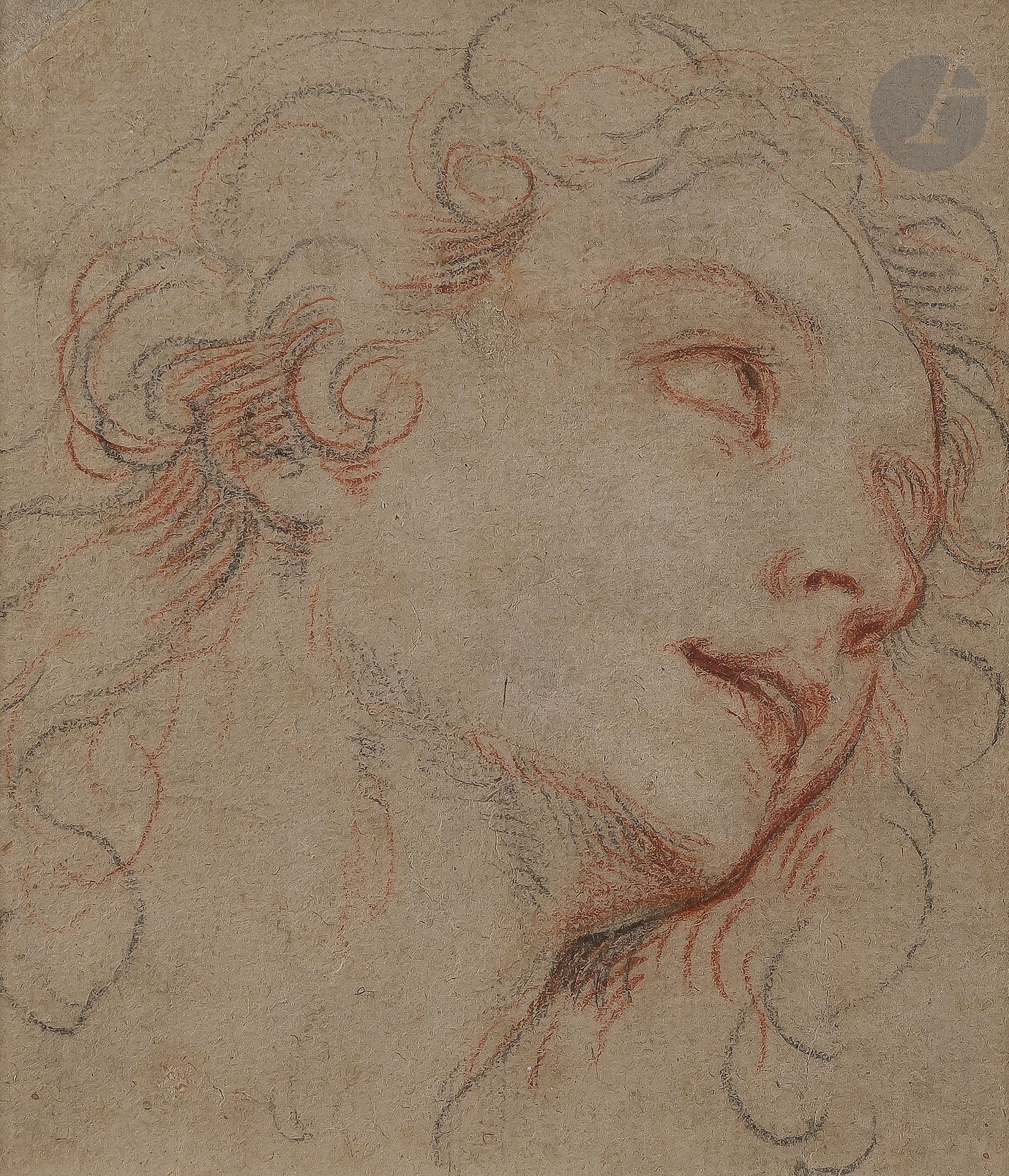 Null 归属于安托万-科贝尔（Antoine COYPEL）（巴黎1661 - 1722）。
一个男人的头在低角度看向右边
水彩纸上的黑石和红粉笔。
背面有各&hellip;
