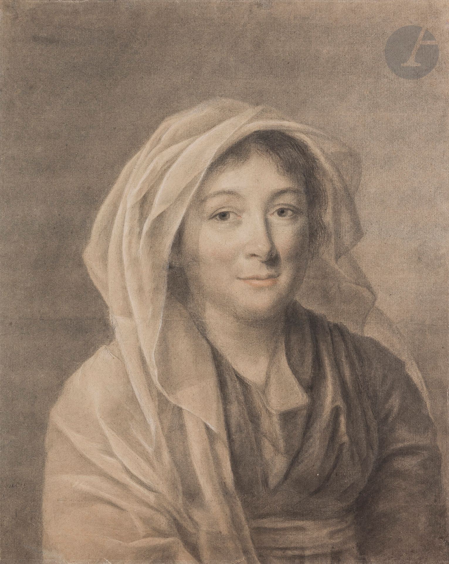 Null 归功于尼古拉斯-贝尔纳-勒皮奇（巴黎1735 - 1784）。
戴着头巾的女人的肖像
三支铅笔和树桩。
左下方注有 "Lépicié"。
背面有注解。&hellip;