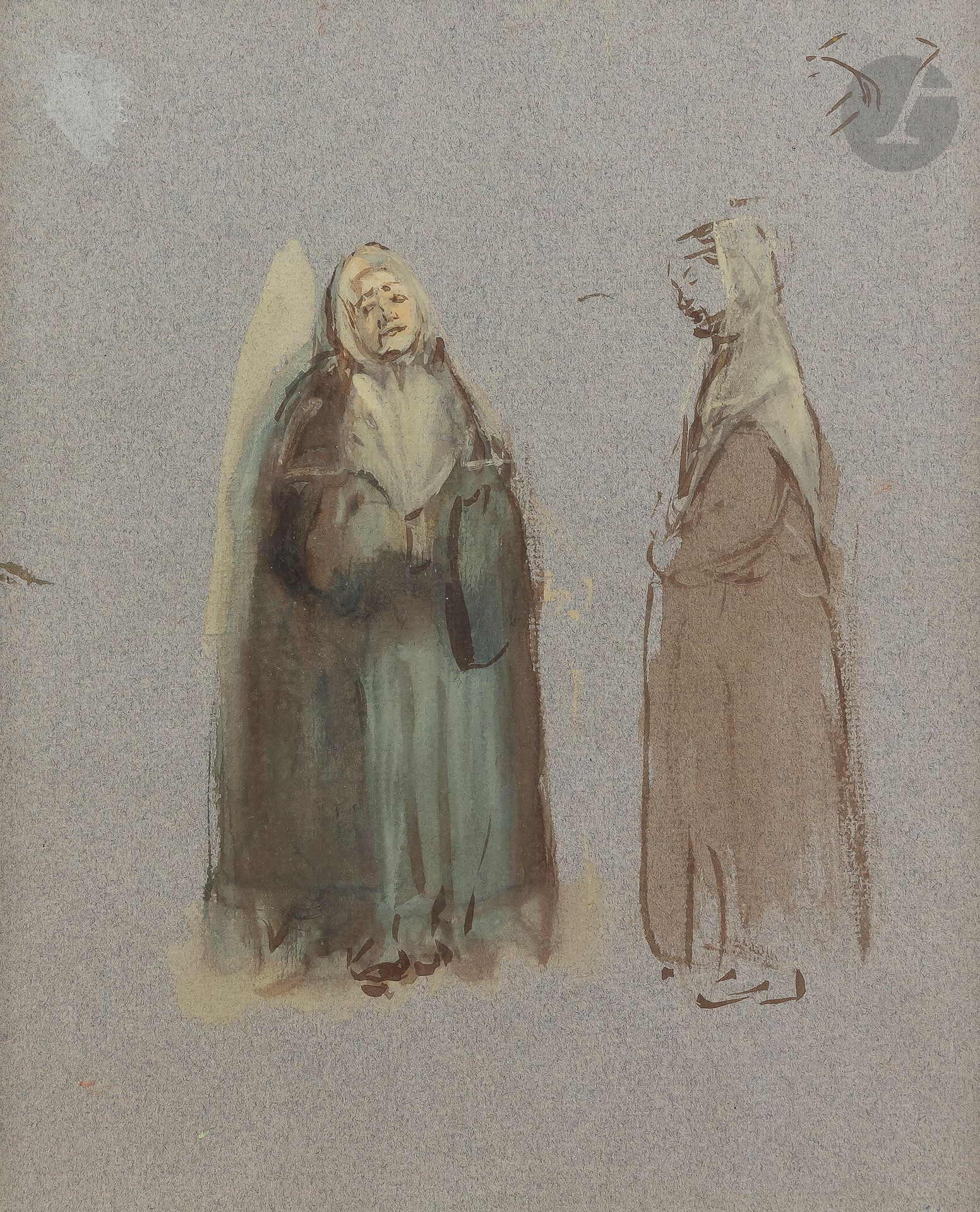 Null 归功于亨利-博纳文图拉-莫尼耶（Henry Bonaventure MONNIER）（巴黎，1799 - 1877）。 
两个修女
灰色纸上的水粉和棕&hellip;