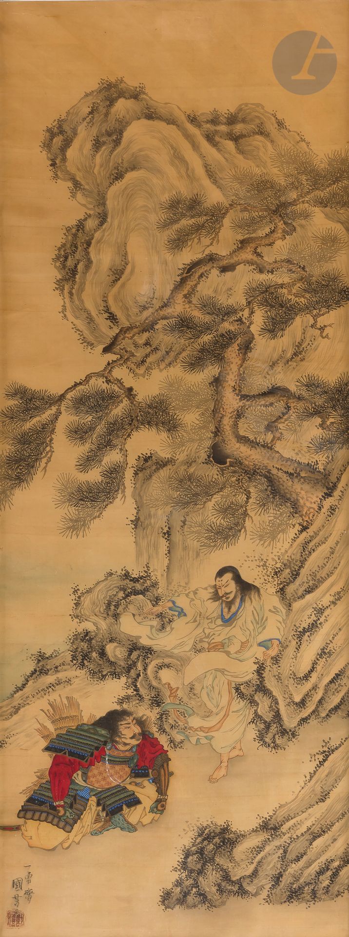 Null 穿着盔甲的武士坐在Seiza里听重要人物讲话的丝绸画，据说是宇多川邦彦的作品，日本，19世纪
水墨和多色画描绘了一个穿着盔甲的武士以传统和恭敬的方式坐&hellip;