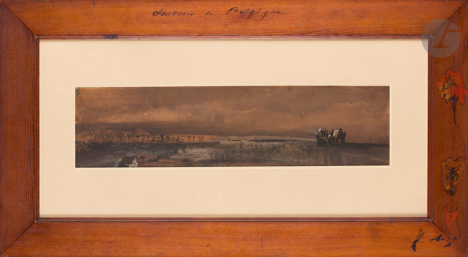 Null 维克托-胡戈（贝桑松，1802年-巴黎，1885年）
比利时的回忆》，1850年
钢笔和棕色水墨，木炭，白色水粉高光和划痕。
原画框由艺术家装饰，顶部&hellip;
