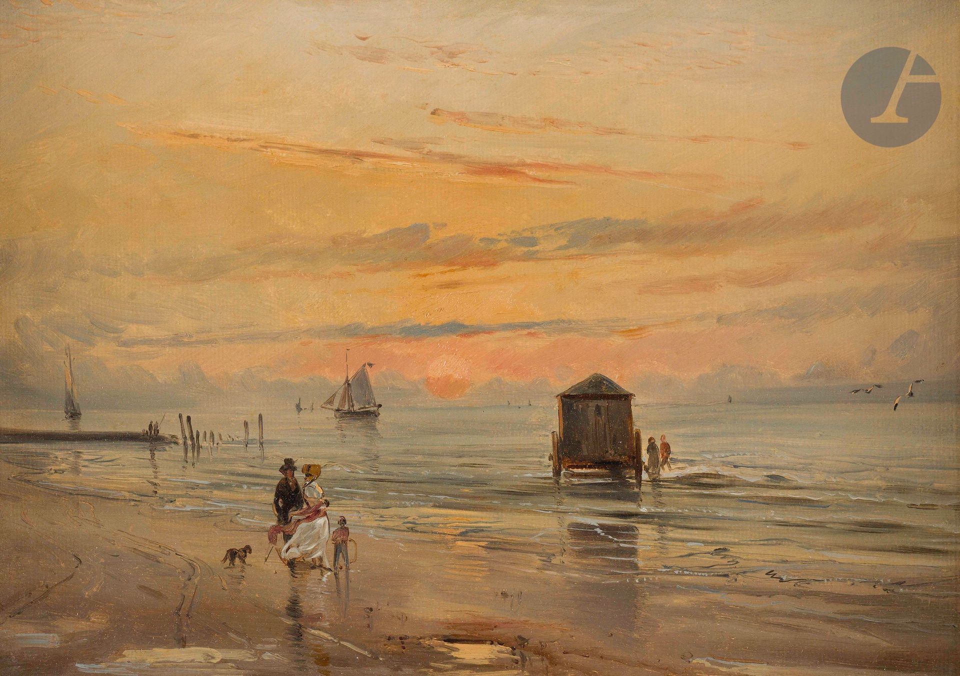 Null 欧仁-勒-普特凡（巴黎，1806-1870）。
诺曼底海滩，夏夜
裱在画布上的纸
25,2 x 35,1厘米
背面担架的上栏有艺术家工作室销售的蜡印，&hellip;