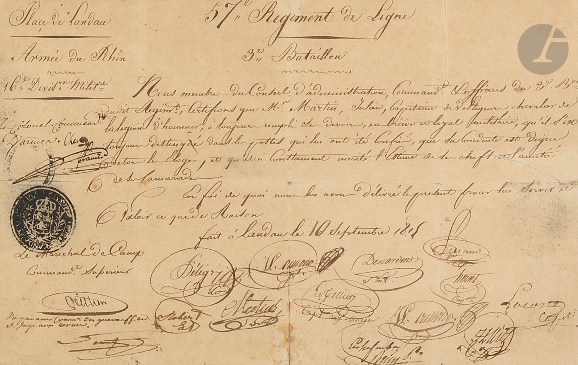 Null 与朱利安-马丁上尉(1773-1846)有关的两份文件，他是线膛步兵中的伏尔泰。 
- 在马斯特里赫特的第129线步兵团担任上尉的服务函。1812年9&hellip;
