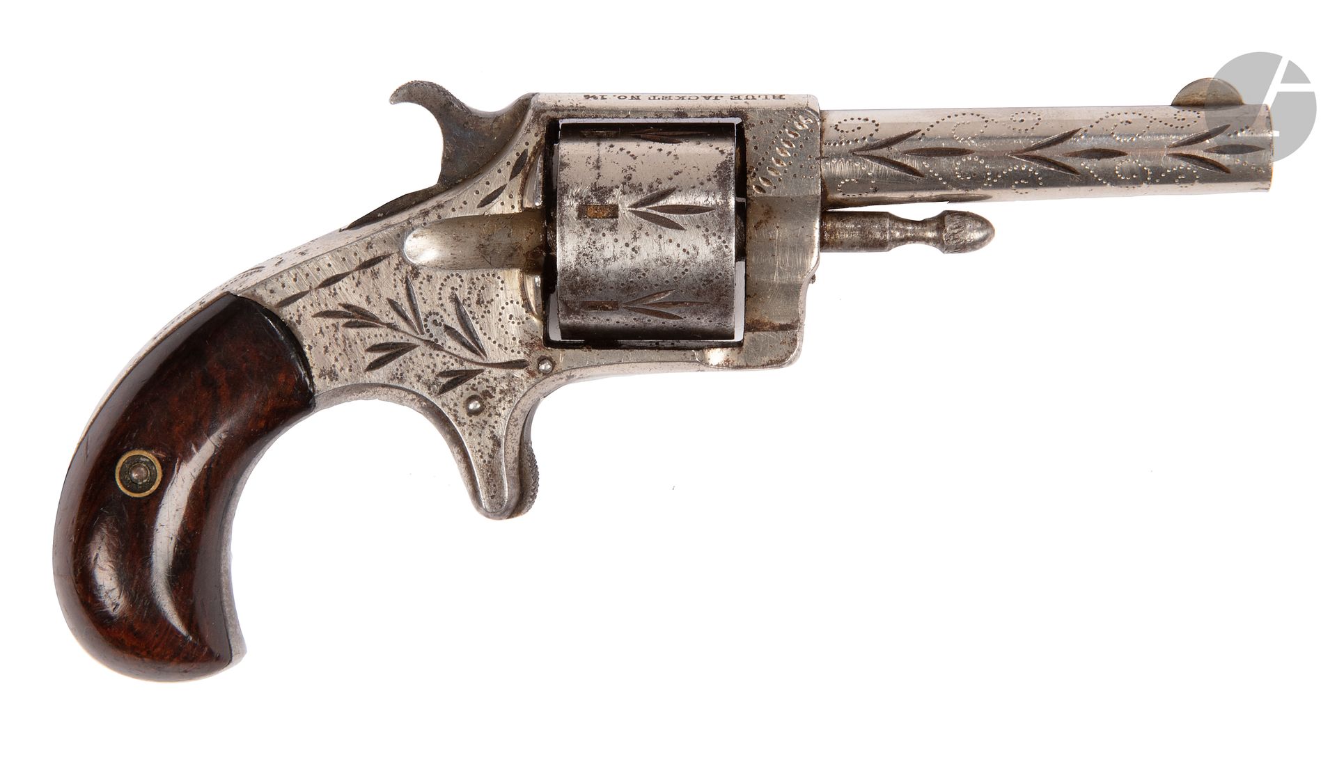 Null 美国蓝色Jacquet左轮手枪，六连发，22口径边缘火。 
封闭的框架。雕刻的圆形枪管和枪筒。刺激的触发器。胡桃木库存板。
B.E. 大约1870年。