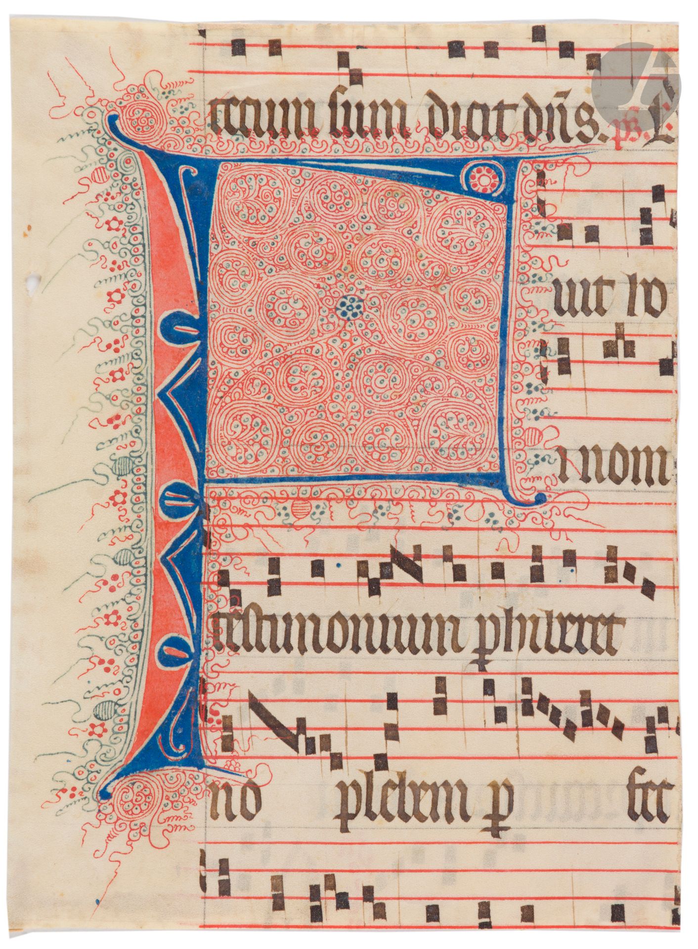 Null [envumination].[合唱团书]。
首字母F有水印。
用红墨水绘制的四线谱上的方形记号的音乐。
羊皮纸上的墨水和钢笔画。
法国，巴黎（？）或&hellip;