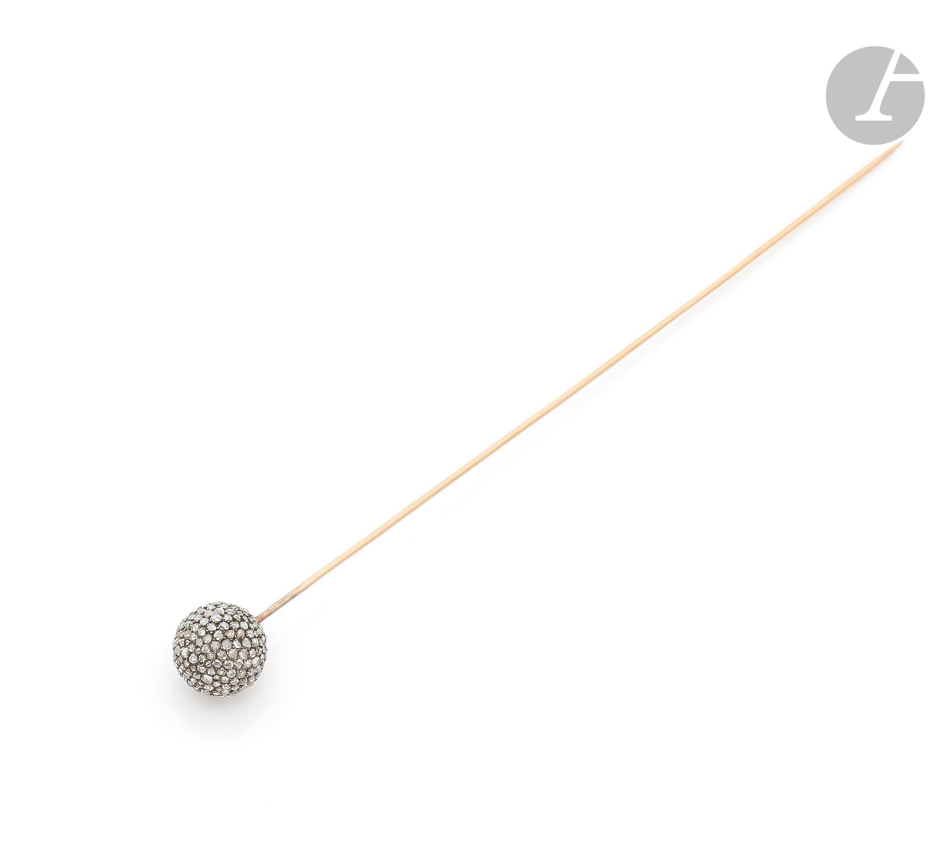 Null 18K (750) gold hatpin, set with a silver sphere entirely paved with rose-cu&hellip;