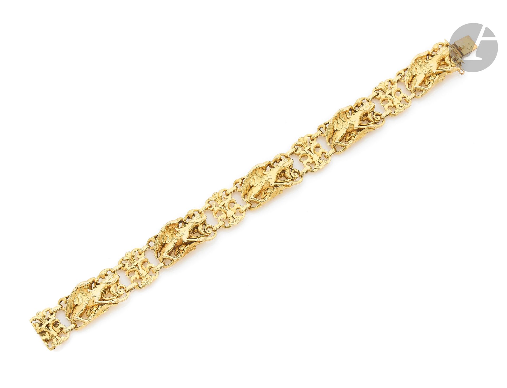 Null Gold bracelet 18K (750), articulated links pierced and chiseled chimeras, s&hellip;