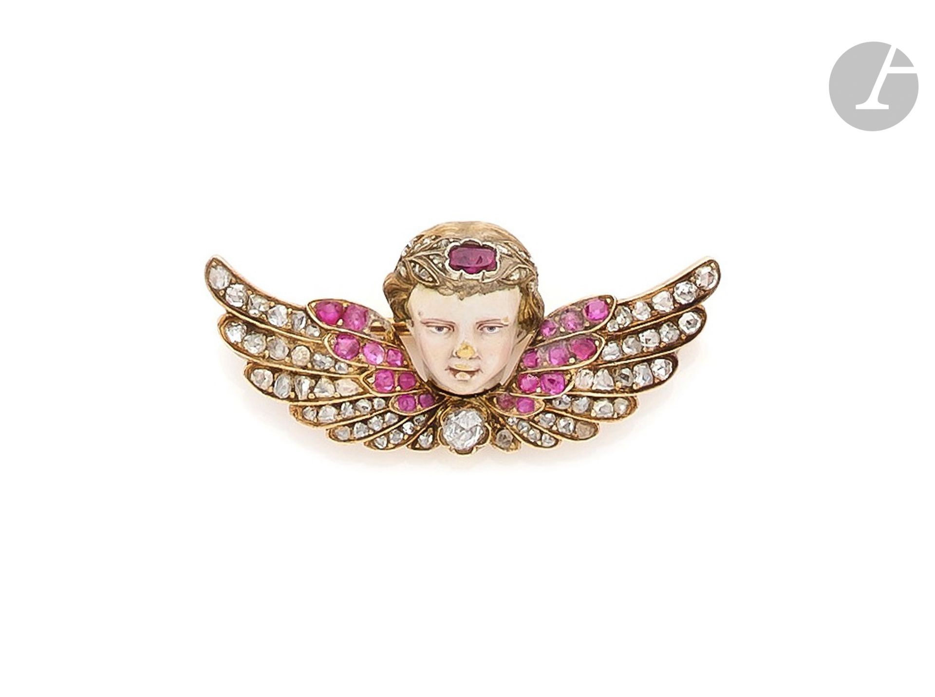 Null Brooch in 18K (750) gold representing an angel, the face enamelled, the hea&hellip;
