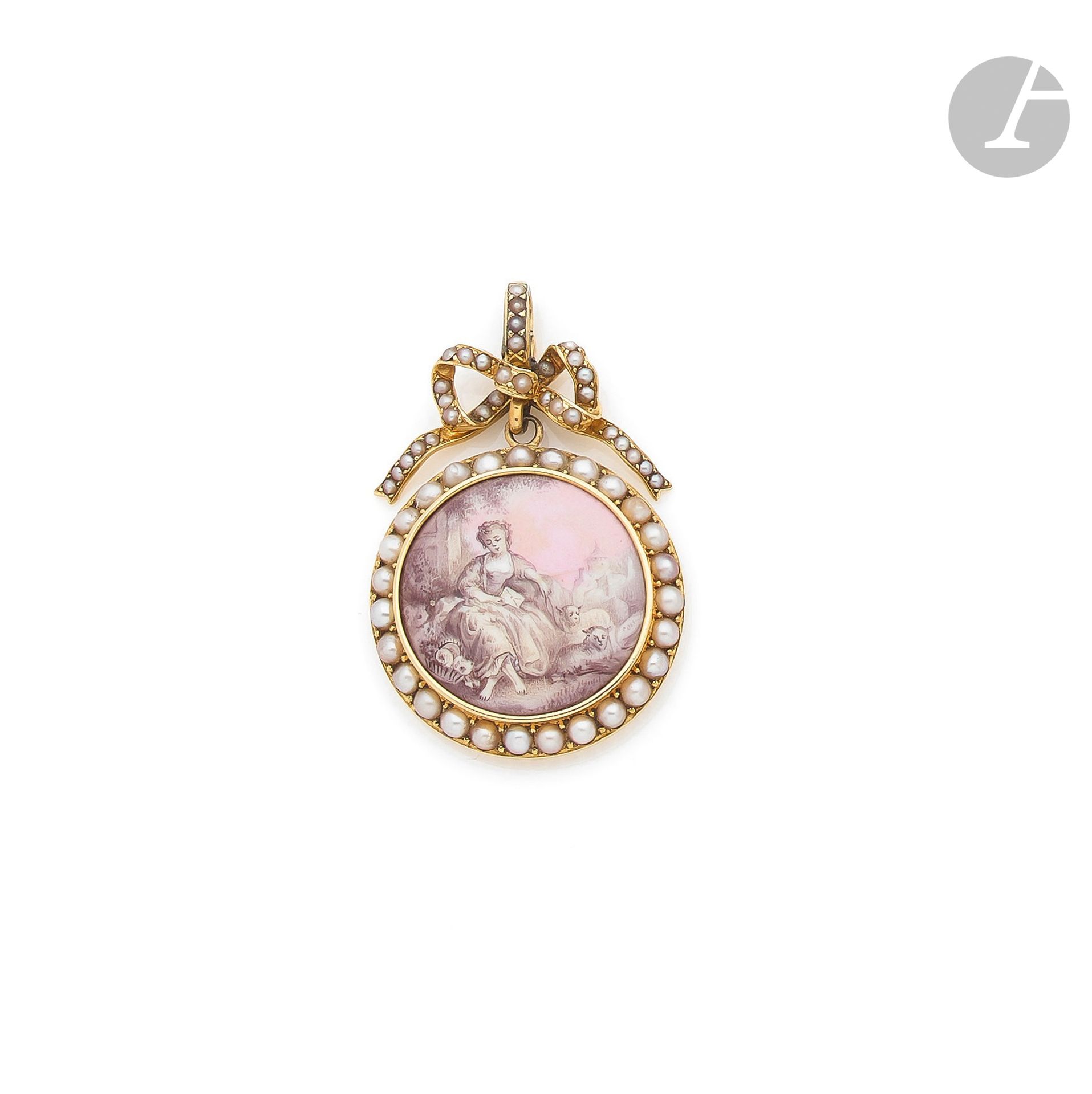 Null Pendant in 18K (750) gold, decorated with a miniature in grisaille represen&hellip;